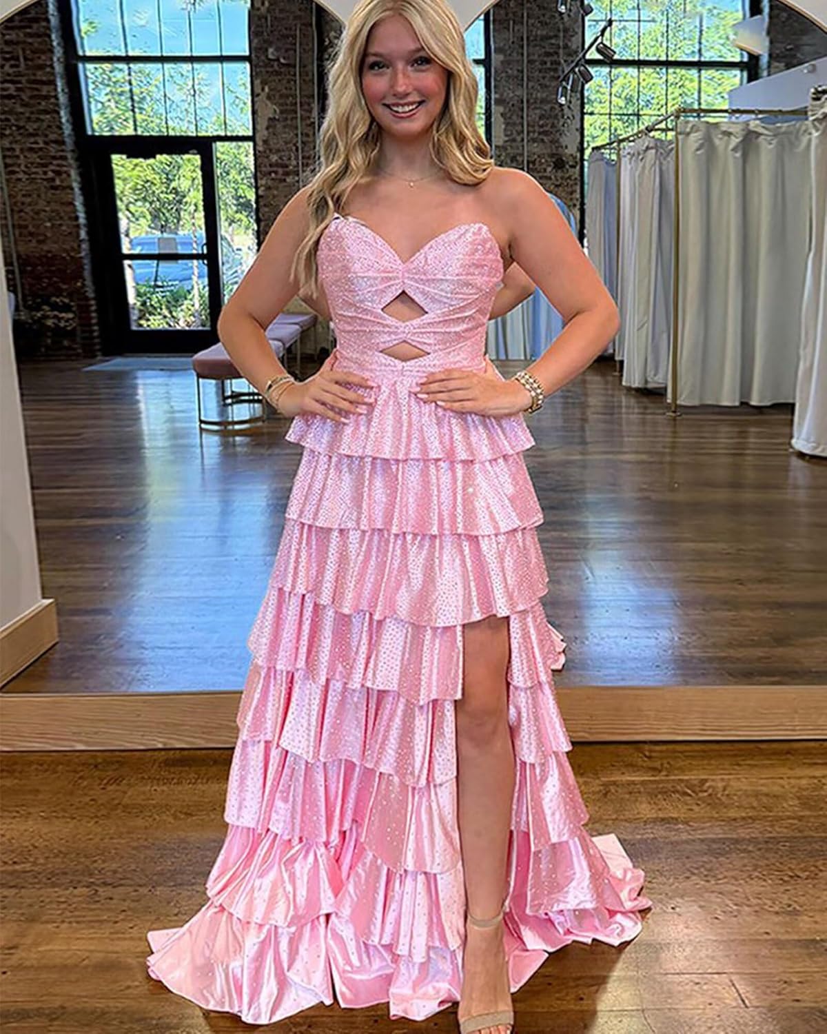 AKLASU Tiered Ruffle Prom Dresses for Women Strapless Glitter Beaded Cut-Out Satin Prom Dress with Slit Long Formal Gowns