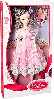 لعبة عروسة بفستان دانتيل وردي وابيض - مقاس كبير 55 سم