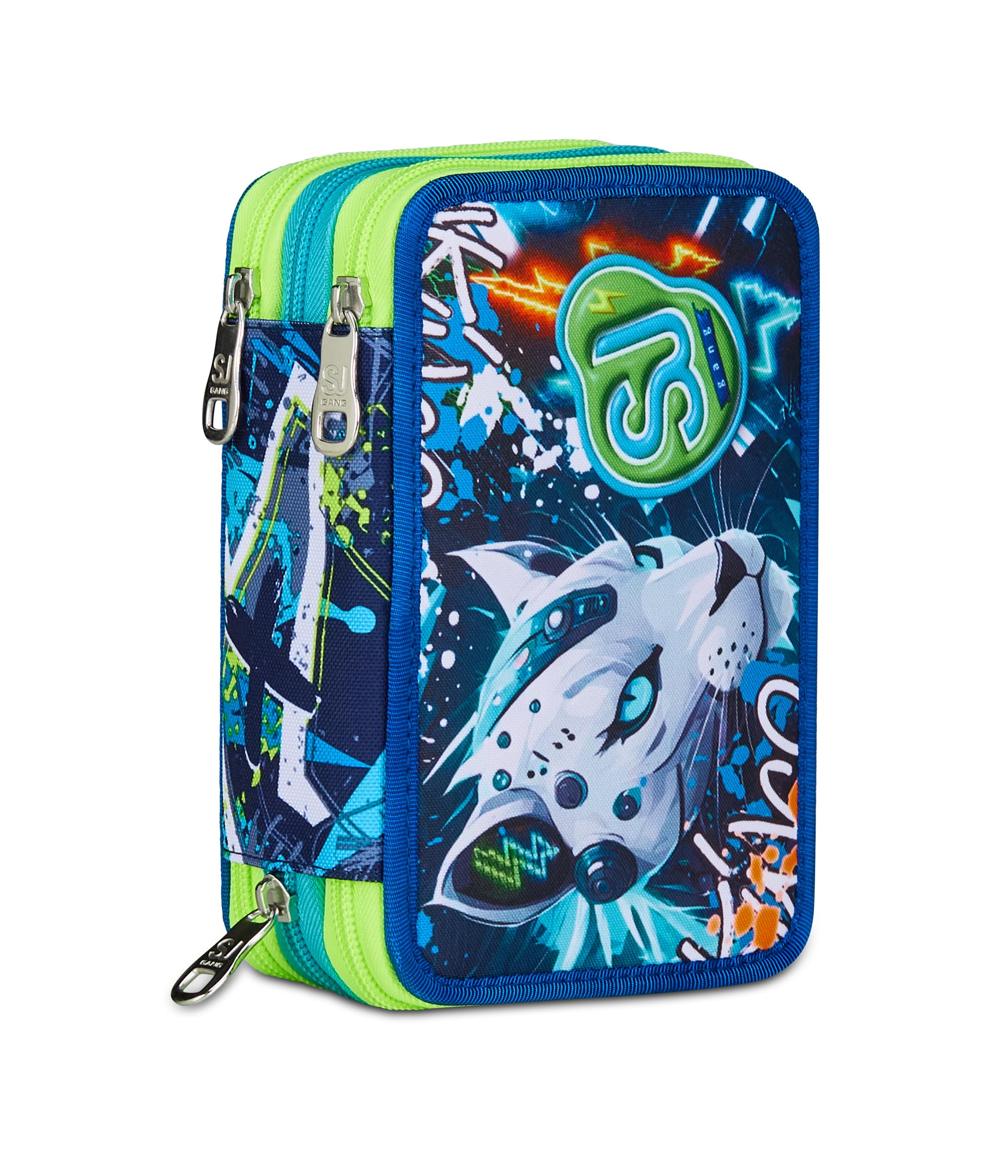SJ GANG STYLE JAM GANG School Pencil Case 3 Zip, Blue, Triple Compartment Pen Holder Complete with Pens, Pencils, Colours, Backpack Accessories, Elementary Schools, Children, Blue, Modern