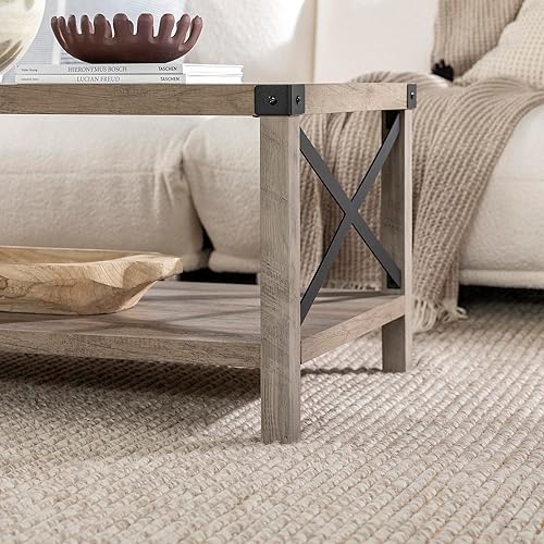 Miniatura 26 de Walker Edison Sedalia Moderna Metal X Mesa de centro, 40 pulgadas, gris de piedra Gris piedra,Roble rústico,Blanco (White Oak),Gris (Grey Wash)