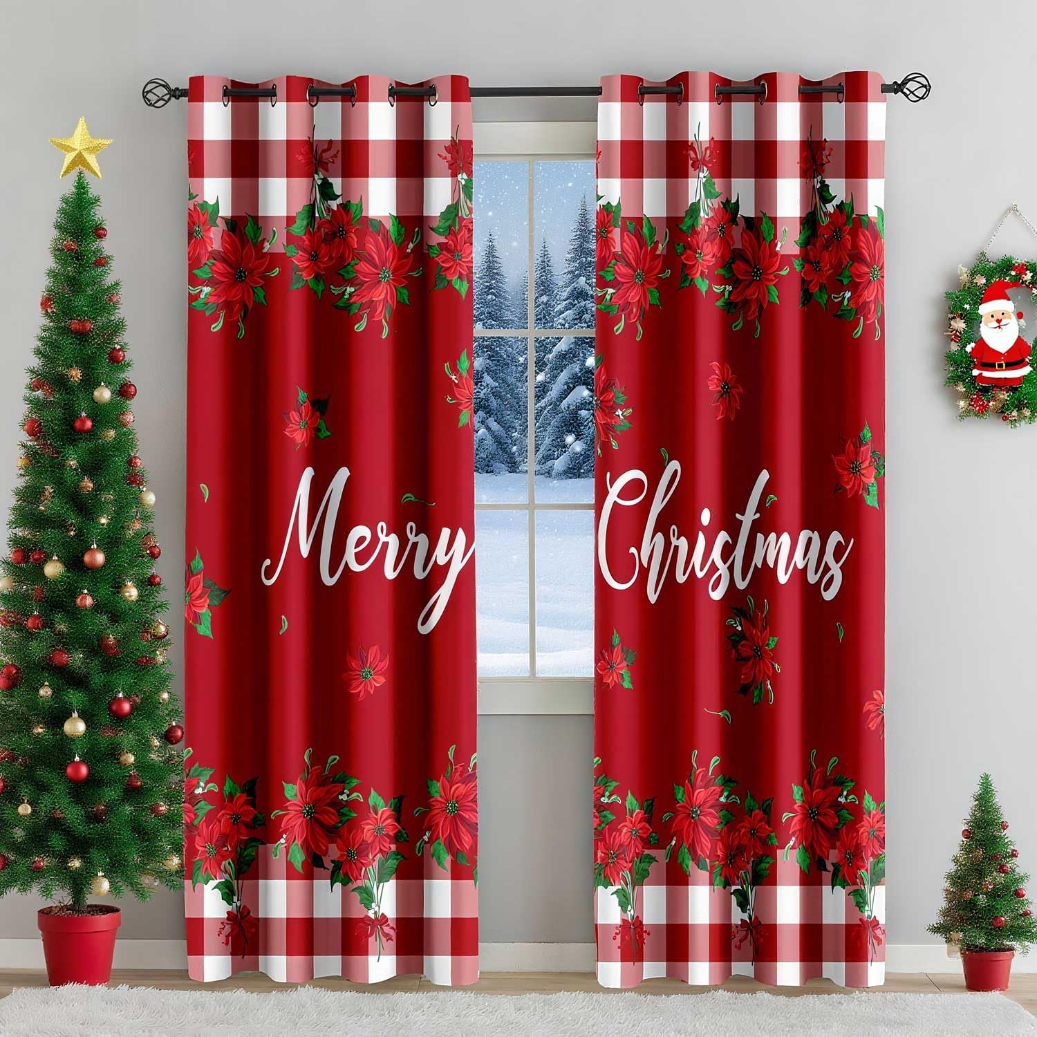 LUVIVIHOME Christmas Blackout Curtains for Bedroom 84 inch Long 2 Panels, Poinsettia Flower Holiday Red White Buffalo Plaid Xmas Merry Christmas Curtains for Living Room Grommet Window Drapes, 42Wx84L