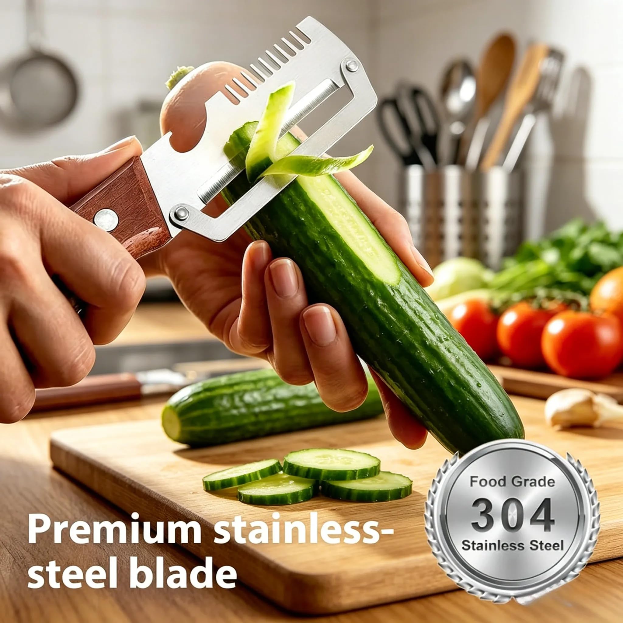 Pelador Multifuncional de Cocina,Peladores Patatas Serrado 3 en 1 Con Abridor de Botellas,Hoja de Acero Inoxidable y Mango de Madera de Frutas, Pepinos Para Verduras, Patatas y Zanahorias — view 2
