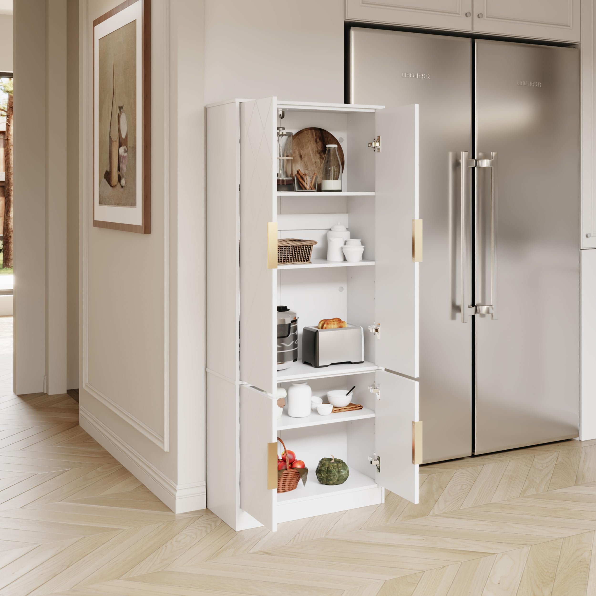 UEV Hochschrank mit 4 Türen, Kücheschrank, Badzimmerschrank Mehrzweckschrank Aktenschrank mit verstellbare Ablage vielseitig einsetzbar für Büro, Flur, Küche, Hauswirtschaftsraum 60x30x150cm Weiß