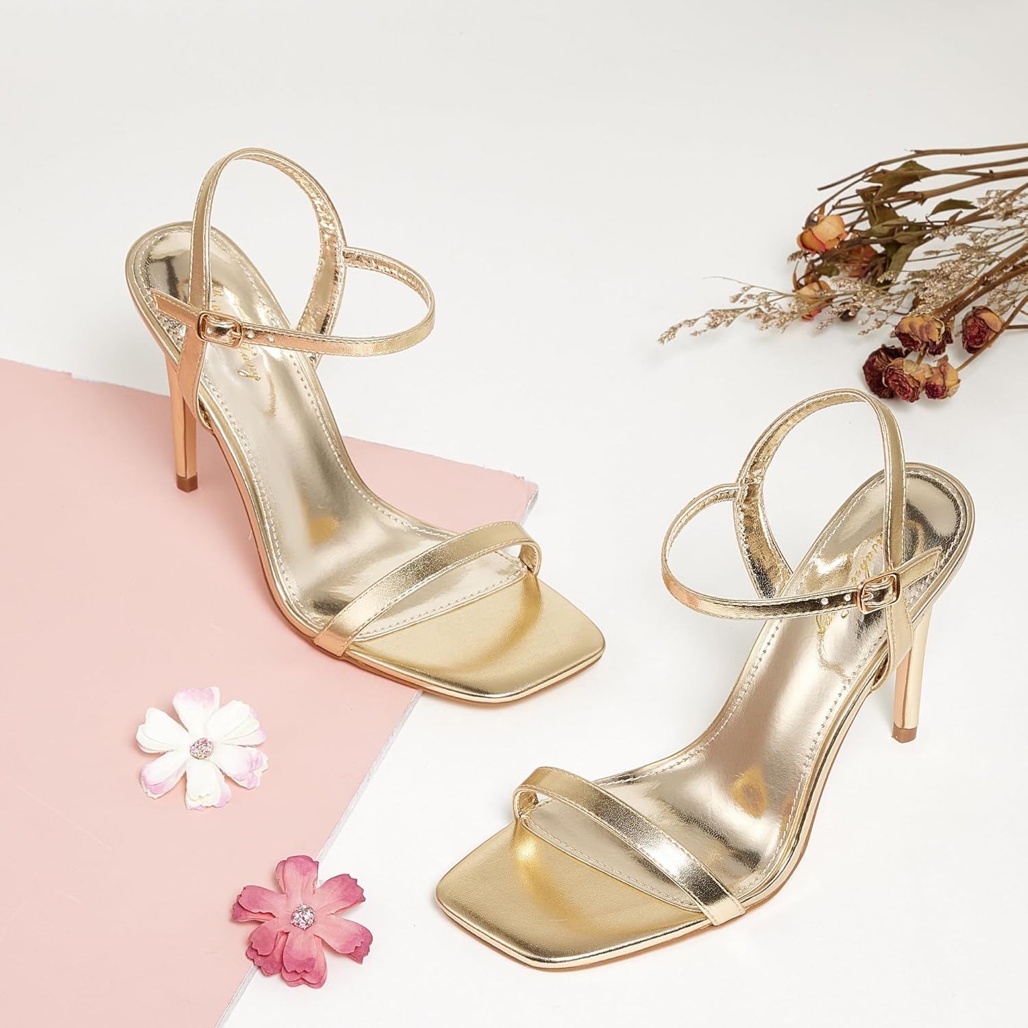 Elisabet Tang Women's High Heeled Sandals 4 Inch Strappy Sling Back Stiletto Open Square Toe Heels with Ankle Straps at Wedding Party Prom Work Dating Gold Size 8 - Image 3