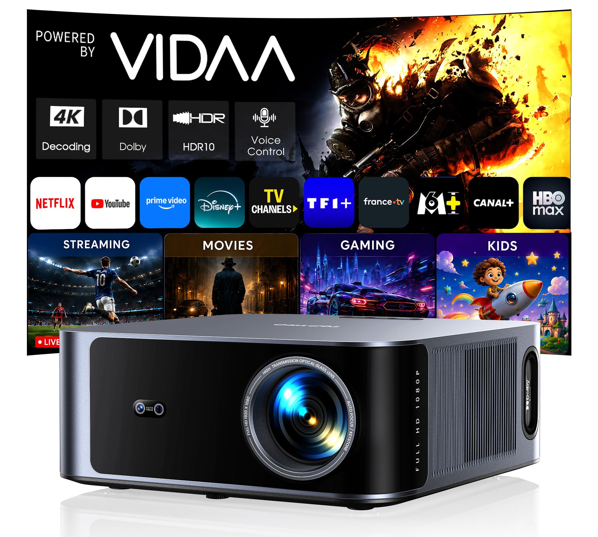 Videoprojecteur 4K【VIDAA OS | 2000 ANSI | Dolby Audio 40W】 TOPTRO Retroprojecteur 4K Supporté, Auto Focus/Keystone, Contrôle Vocal, Zoom 50%, WiFi Bluetooth Projecteur Video Home Cinéma Extérieur