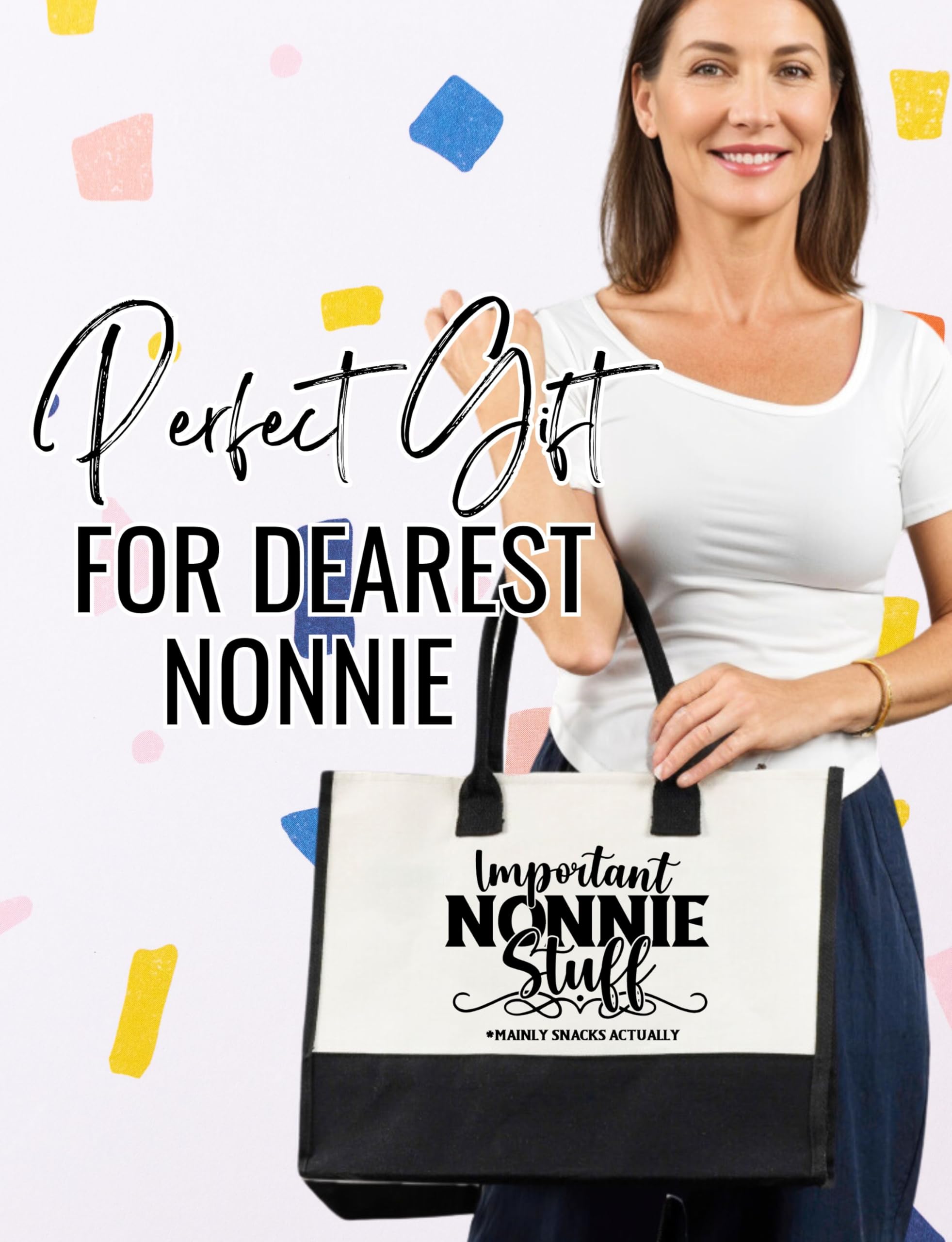 InnoBeta Nonnie Gifts Canvas Tote Bag for Grandma, Important NONNIE Stuff Bag with Top Zipper Closure and Shoulder Strap for Birthday, Mother's Day, Christmas