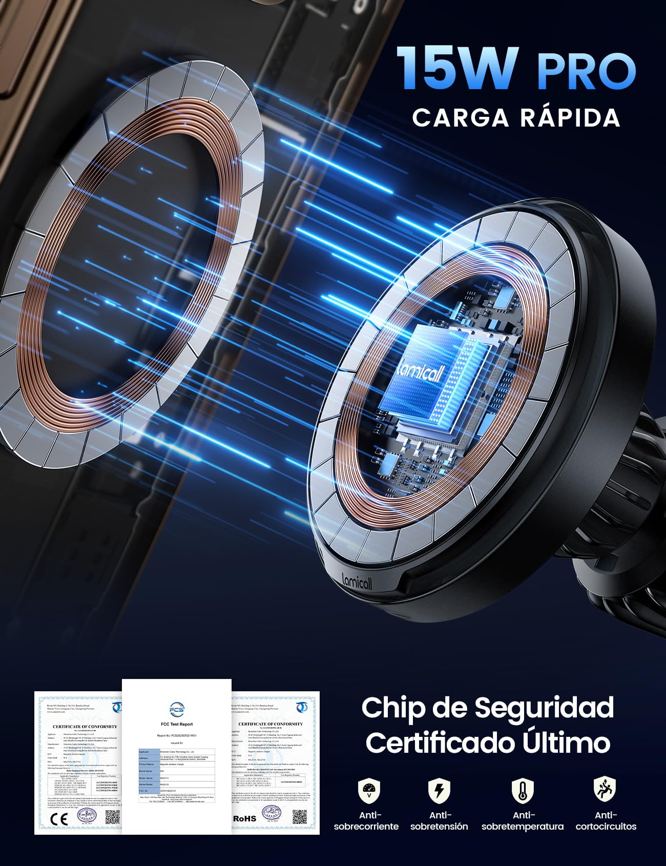Lamicall 15W Cargador Inalámbrico Coche para MagSafe - [Super Magnetismo] Soporte Movil Coche para MagSafe para Salpicadero y Rejilla de Ventilación, para iPhone Series 17 16 15 14 13 12 11