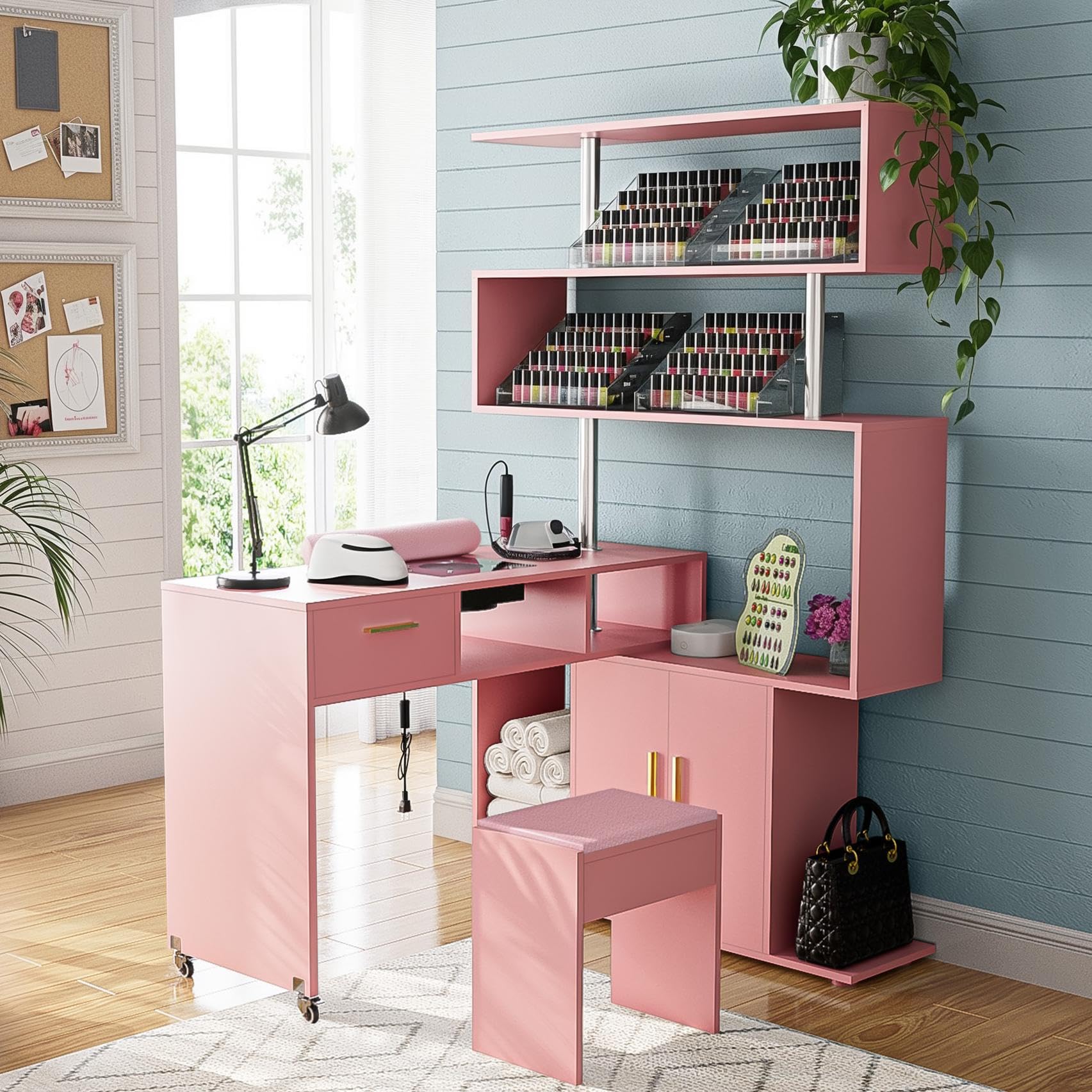 Kikihouse Manicure Table Nail Desk with Stool, L-Shaped Nail Tech Desk with Dust Collector, Two-Way Drawer, Cabinet & Storage Shelves, Rotating