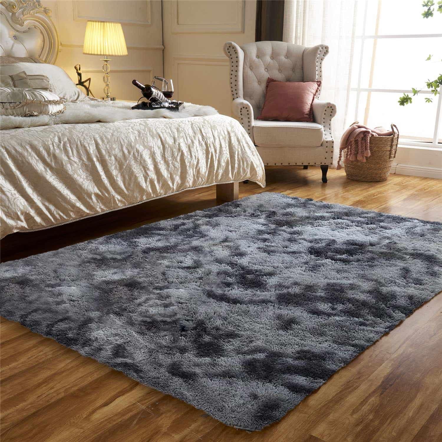 Tinyboy-bhq Area Rugs Soft Living Room Carpets Anti Slip Fluffy Bedroom Rug Shaggy Floor Mats Large for Hallway Bedroom (Black/Grey - Image 4