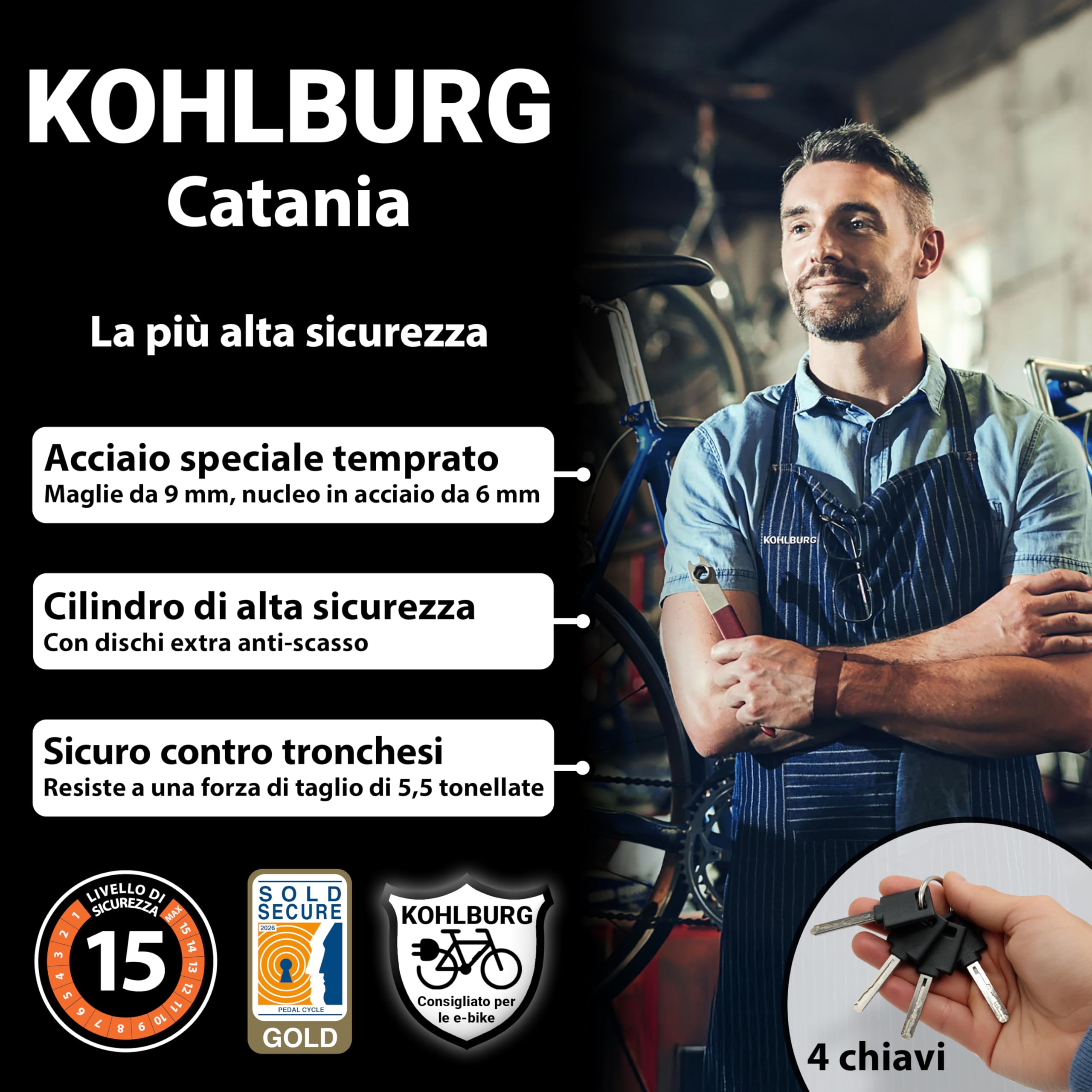 KOHLBURG Antifurto pieghevole di sicurezza [maglie spesse 9 mm, lunghezza 100 cm] Antifurto per bici con supporto & 4 chiavi, per monopattino elettrico, scooter, bicicletta elettrica, alta sicurezza