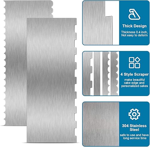Miniatura 4 de 2 piezas de rascador de pasteles de acero inoxidable, grande, doble cara, borde de rayas, raspador más suave, peine para decoración de pasteles,