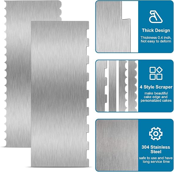 2 Pcs 9 in Double Sided Comb Stainless Steel Cake Scraper Smoother