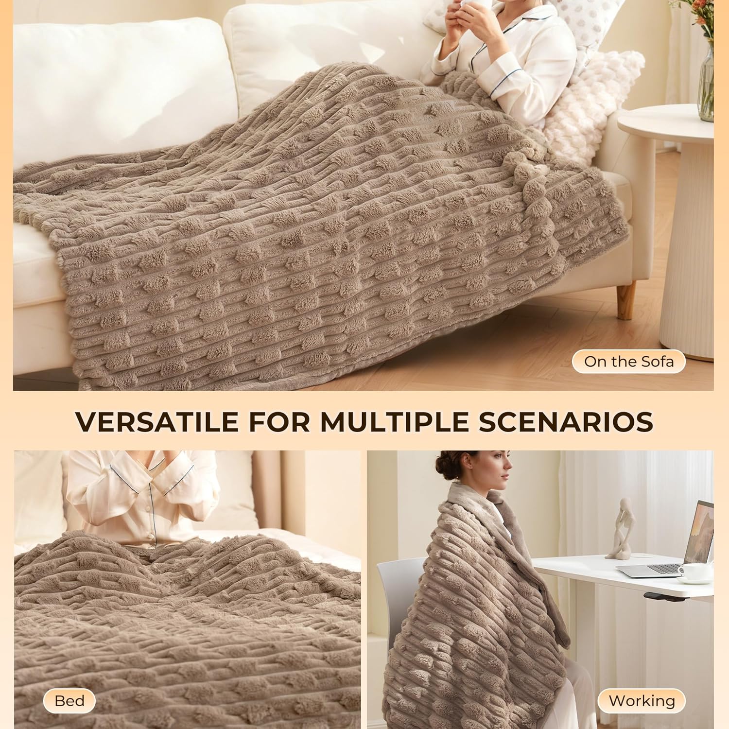 Heated Throw Blanket 50"x60", Electric Blanket with Bamboo Pattern, Luxury Faux Rabbit Fur & Soft Flannel, 6 Heat Settings, 1-4 Hour Auto Shut-Off, Throw Blanket for Couch, Machine Washable, Linen - Image 5