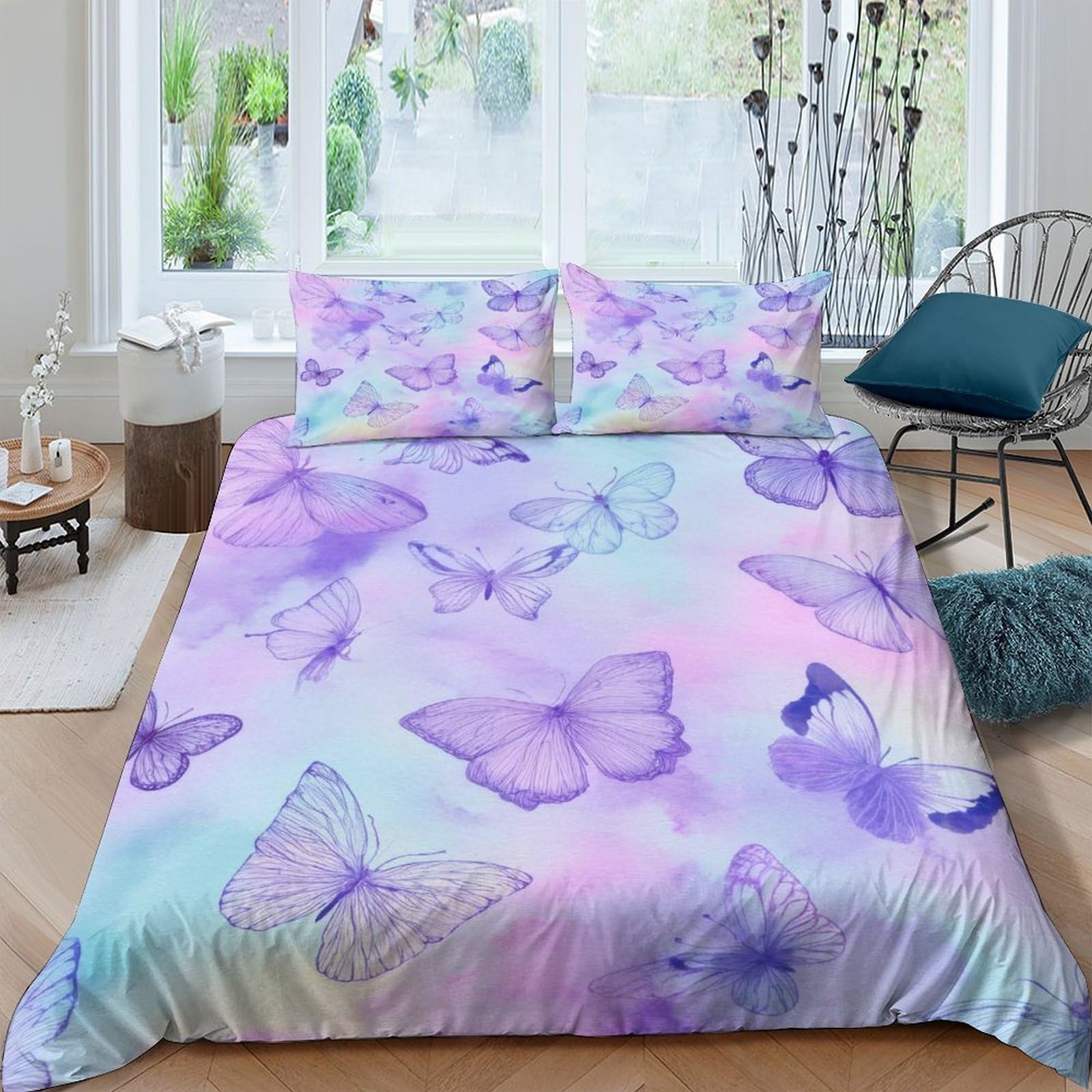 Ctjqhvkz Style-4 3D Printed Purple Butterfly Fitted Sheet Microfiber Soft Breathable Pastel Ombre Mattress Cover For Bedroom Decor Single（135X200cm）