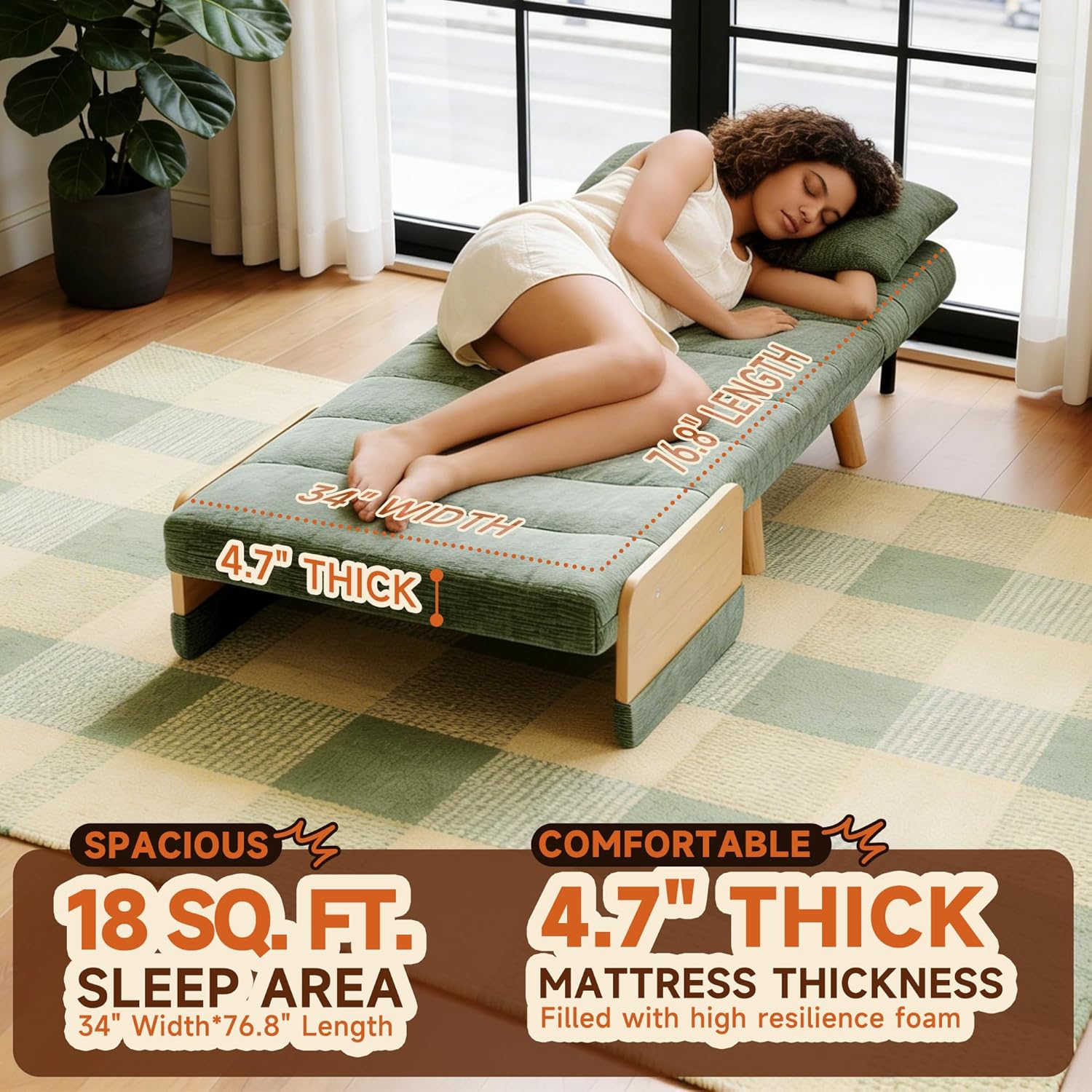3 in 1 Folding Sofa Bed,5 Adjustable Backrest,Convertible Recliner Sleeper Sofa, for Apartment, Living Room,Office【Modern Green,35.43"】