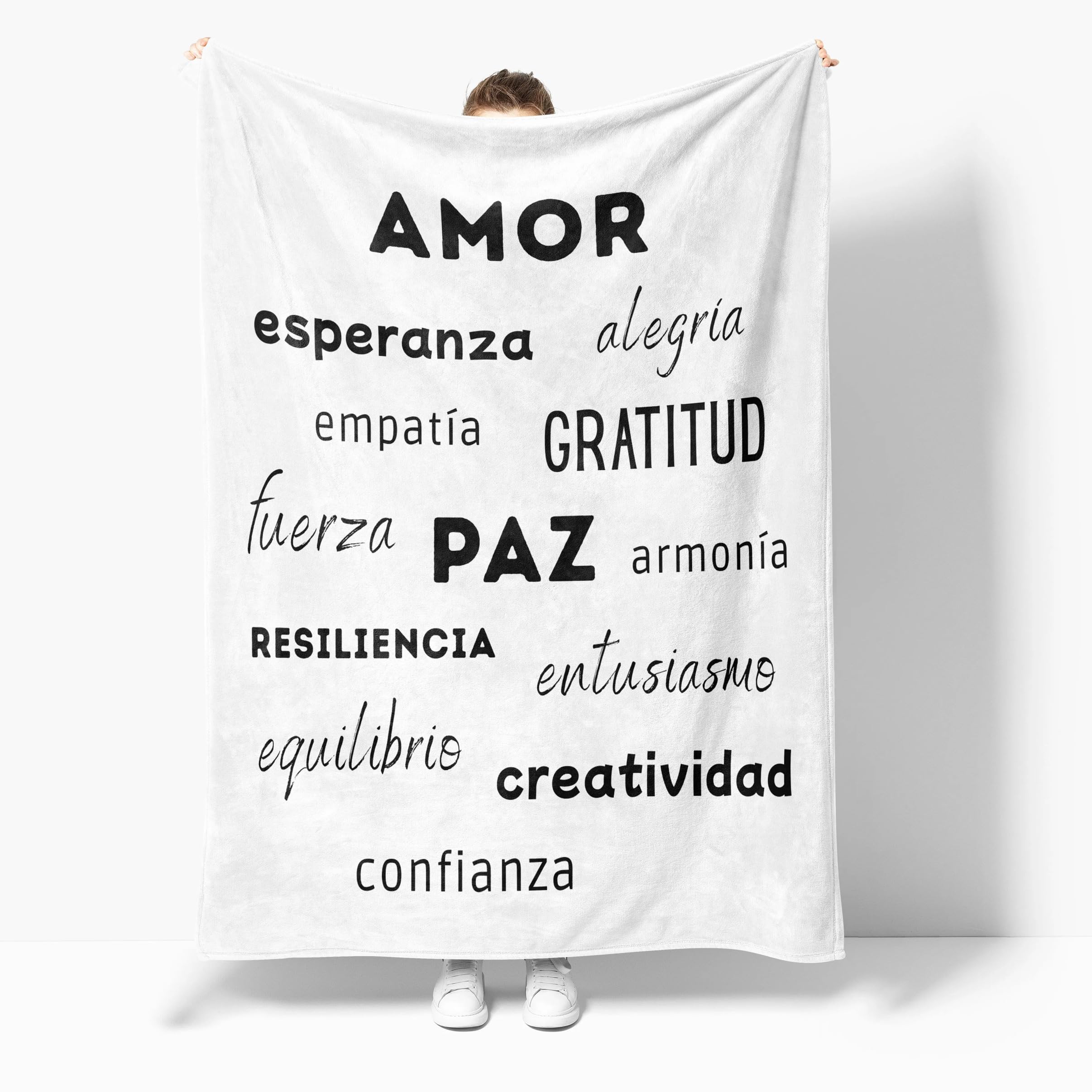 Manta de Franela “Palabras Positivas” 150×130 cm – Blanca con diseño Moderno (Amor, gratitud, Paz, Esperanza…) – Manta Suave, cálida y Ligera – Regalo para Bienestar