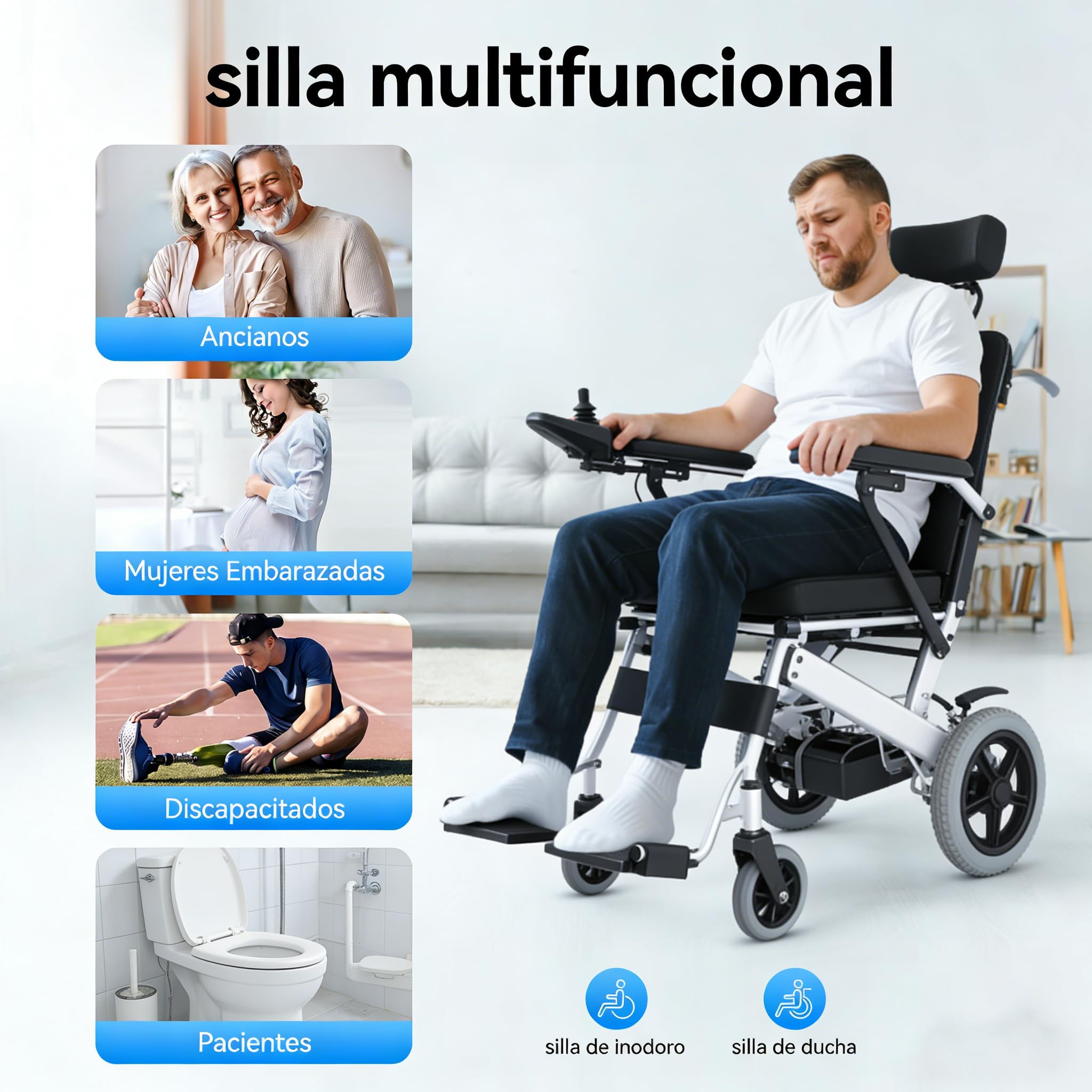 Silla de Ducha con Ruedas, 48 – 54 cm de Altura, Plegable, Capacidad de Carga de 100 kg, para Personas Mayores, Silla de Ruedas a Prueba de caídas con Inodoro, Cubo extraíble (Modelo 2)
