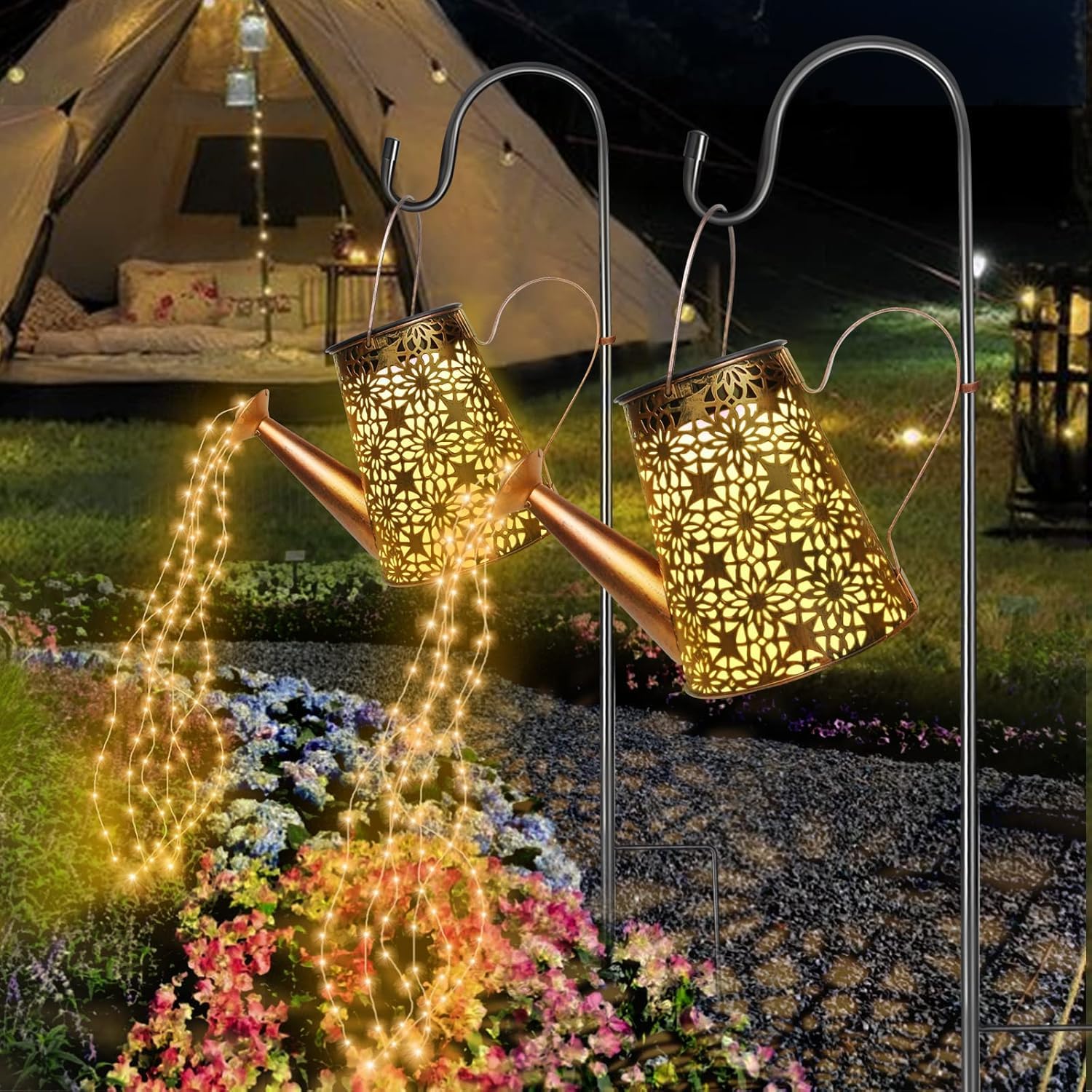Solarize ® LED Solar String 36 Lights Antique Copper Watering Can with Shepherd Hook 1 Metre Height Warm White 2 Pack Retro Metal Hanging Lanterns Waterfall Garden Ornaments IP65 Waterproof