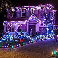 Vista 51 de Luces de Navidad azules al aire libre - 99 pies 1216 luces LED de carámbano para exteriores - Enchufe 8 modos luces centelleantes para decoraciones