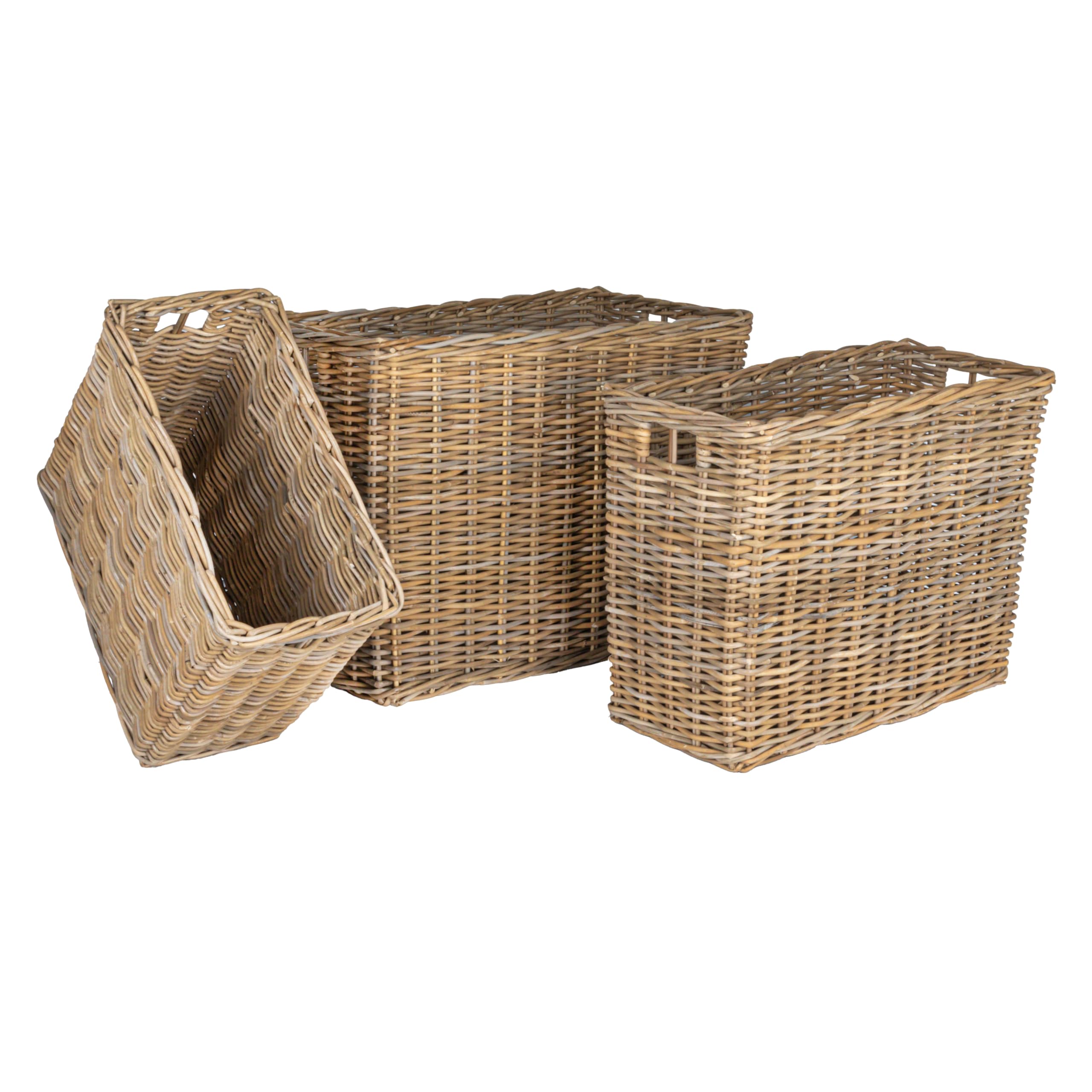 Creative Co-Op Rectangular Woven Rattan Baskets with Handles, Natural, Set of 3
