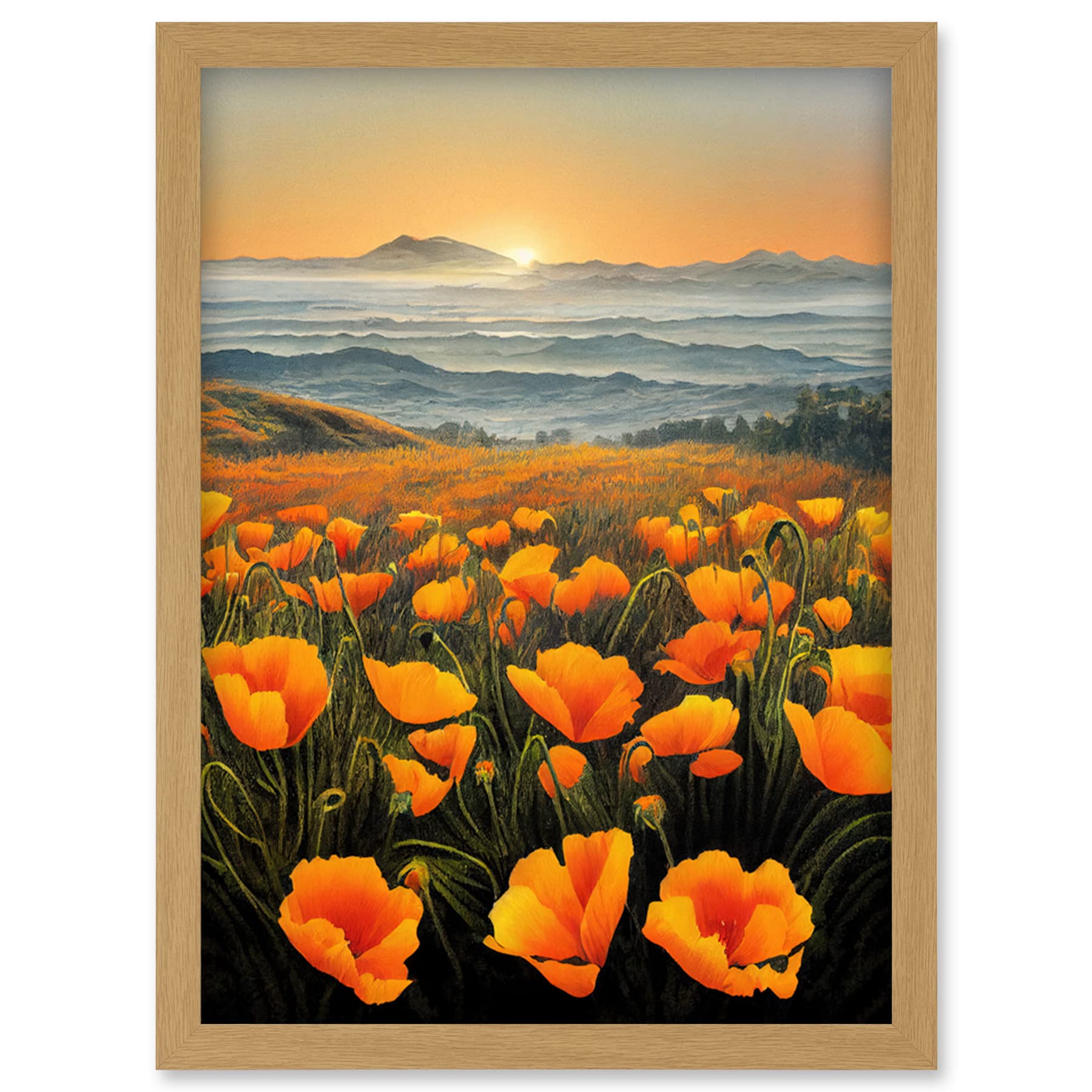 Doppelganger33 LTD Shoreline California Poppies At Sunrise Painting Artwork Framed Wall Art Print A4