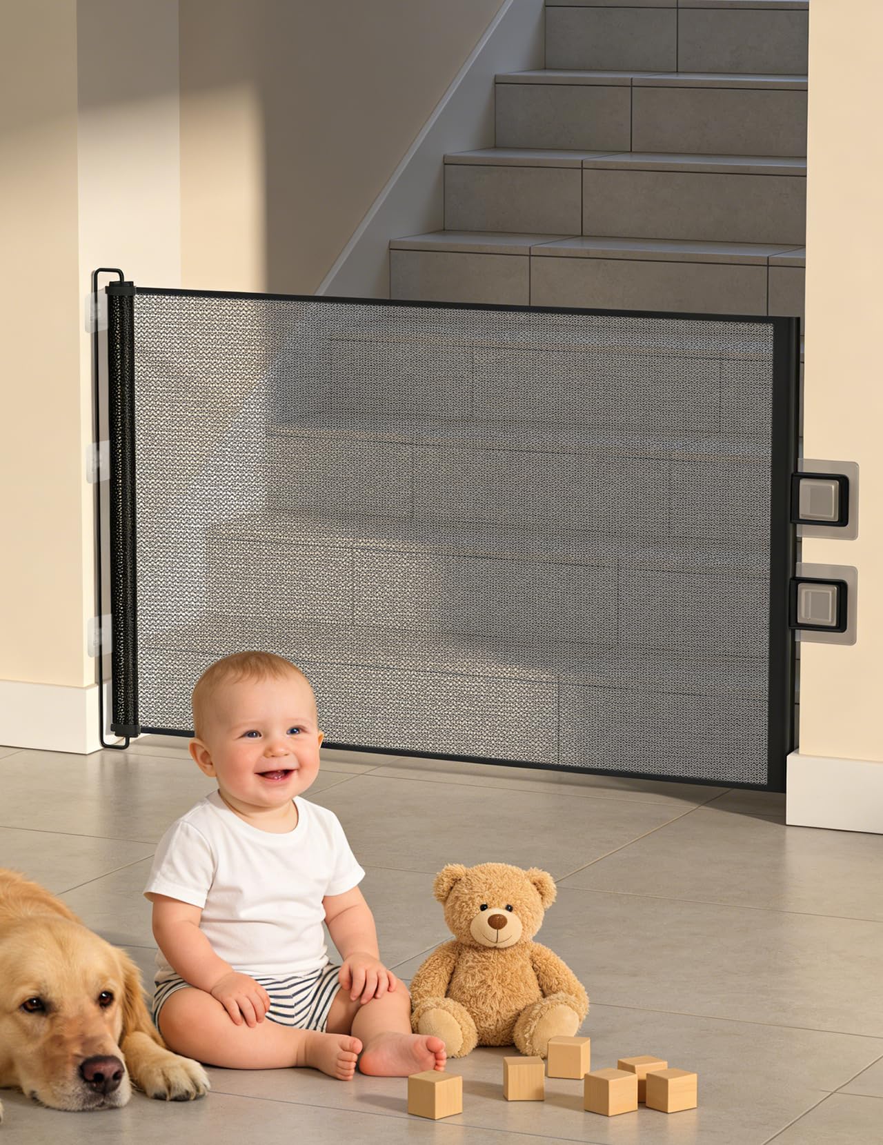 Barandilla de Seguridad Retráctil 0-150cm Puerta Retráctil Seguridad Adhesivos, Barandilla de Seguridad Barandilla de Seguridad para Niños Gatos y Perros, Sin Agujeros, para Escaleras Puertas Pasillos