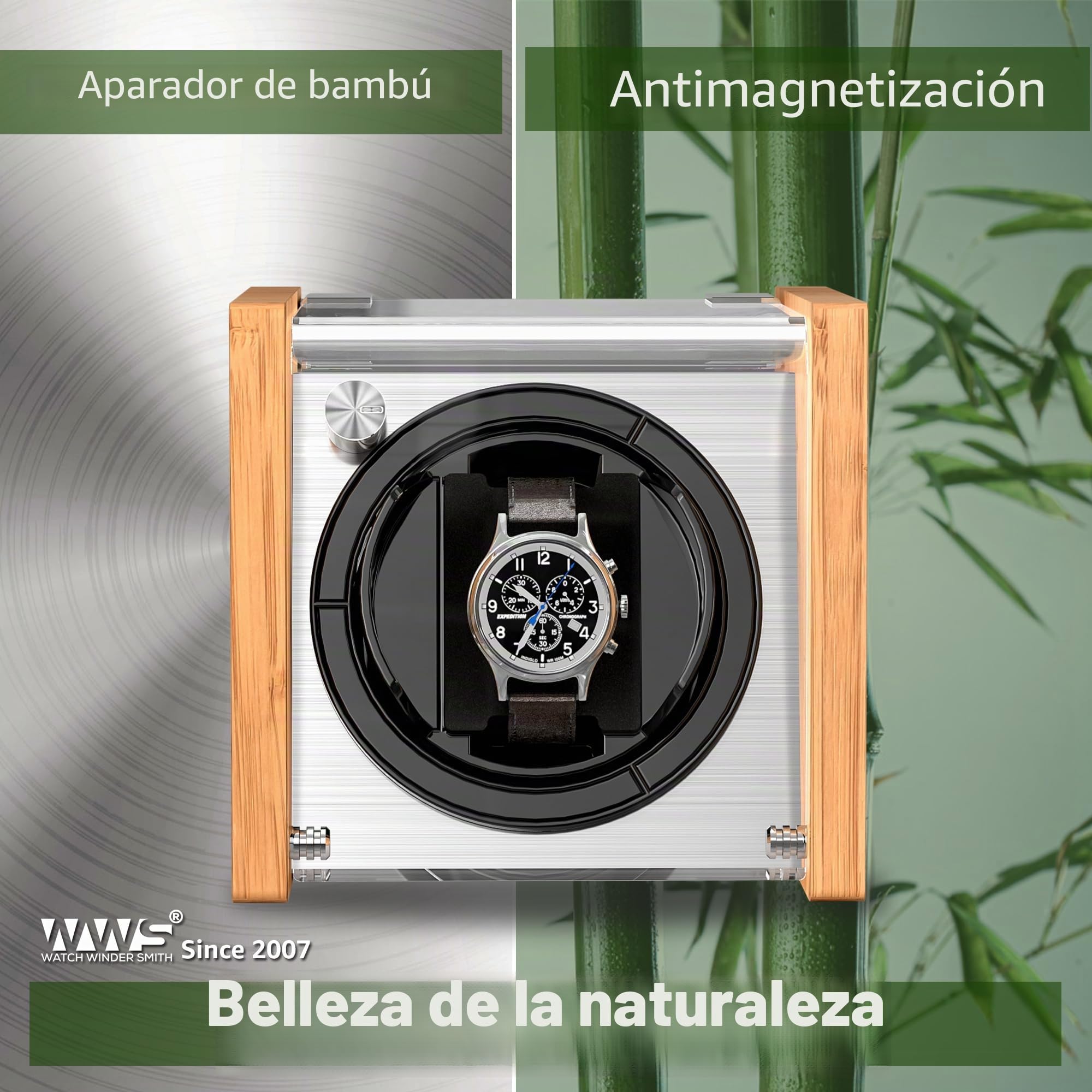 Watch Winder Smith - Reloj automático para Reloj, 100% artesanía, diseño de Patente de Madera de bambú, Motor japonés ultrailencioso con CA o a Pilas