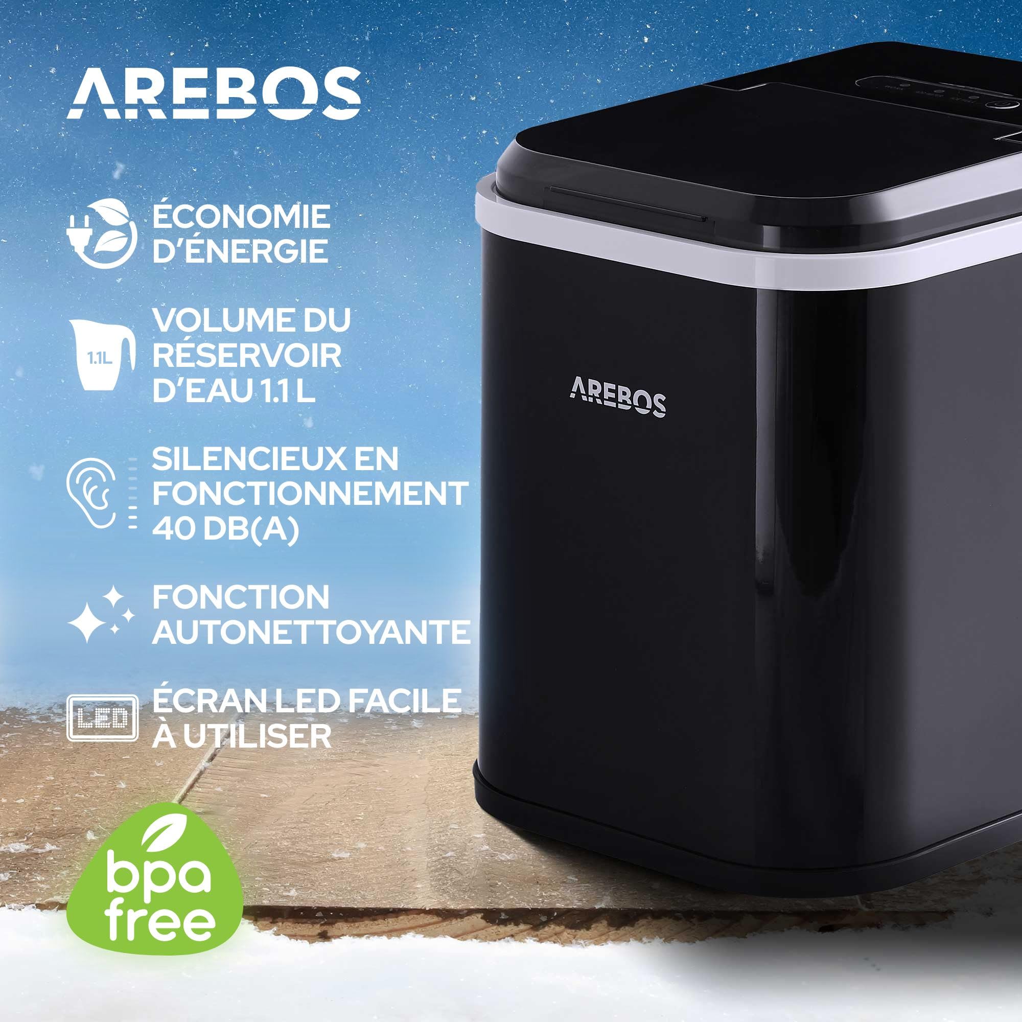 Arebos Machine à glaçons | Ice Cube Maker | 12 kg / 24 h | 10-15 minutes de production | Réservoir d'eau de 1,1 litre | Machine à glaçons | Silencieuse | Fonction autonettoyante | Noir