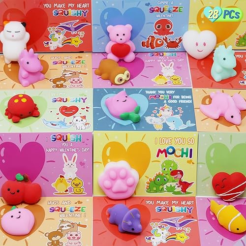 Miniatura 9 de Paquete de 28 tarjetas de regalo para el día de San Valentín con lindo Kawaii Mochi Squishy para apretar para niños, escuela, aula, tarjetas de