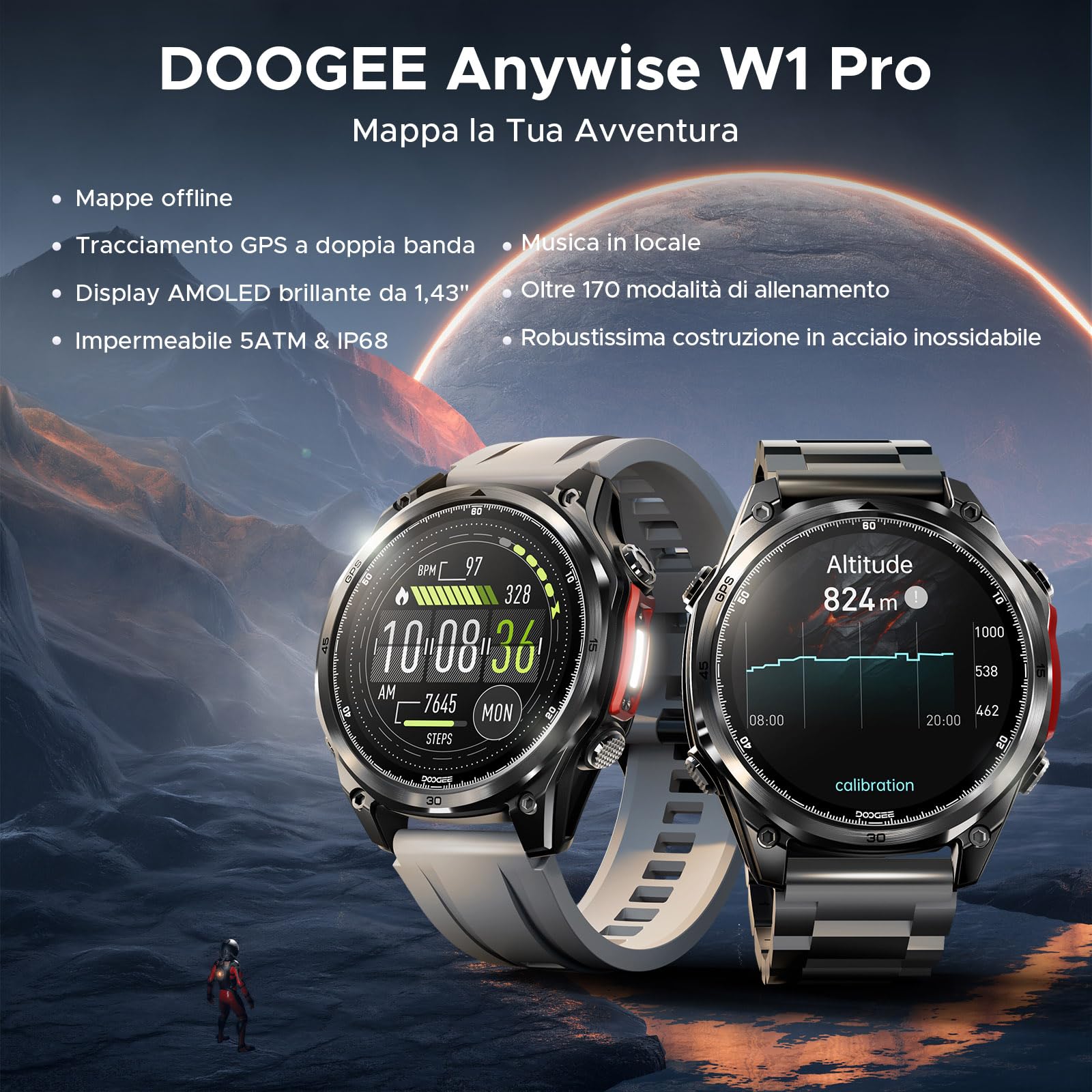 Anywise W1 Pro Orologi Smartwatch uomo,GPS Dual-Band & Mappe Offline, 5 ATM, 18 Giorni Autonomia, Display AMOLED HD 1,43", 170+ Modalità Sport,Chiamate Bluetooth,Compatibile con Android/iOS