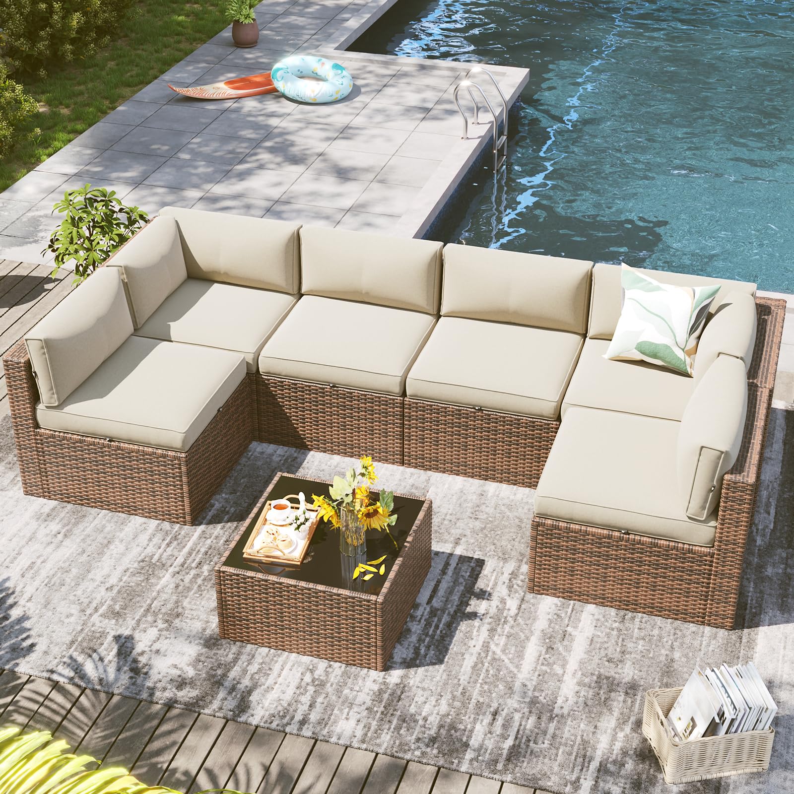 LazySunsets 7 Piece Outdoor Patio Furniture Set with Coffee Table, Outdoor Patio Furniture Sets with Waterproof Cover, Wicker Rattan Outdoor