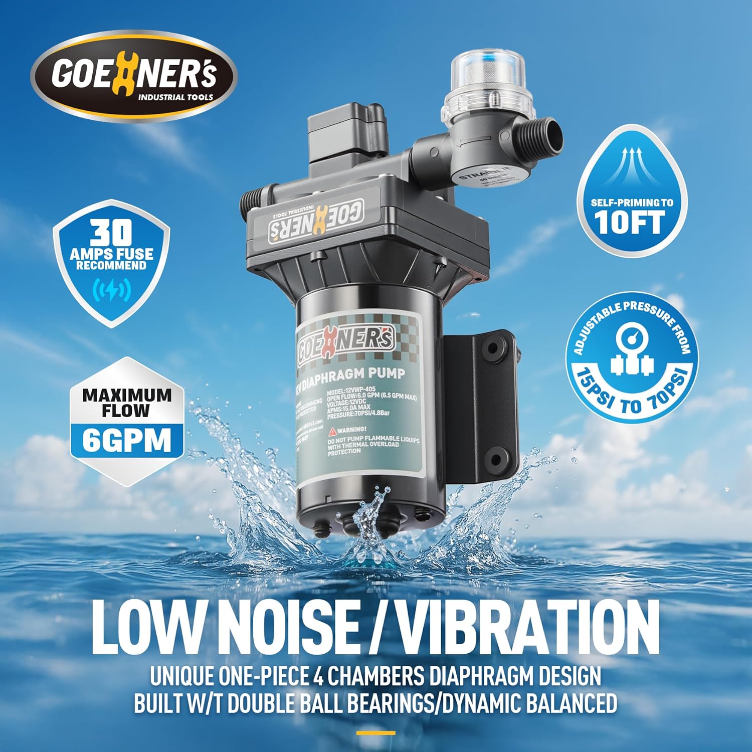 [Upgraded Version] RV Fresh Water Pump, 12V DC Water Pump, 6GPM 70PSI Self-Priming Diaphragm Pump with Pressure Switch and Strainer for RV, Marine, Yacht, Caravan