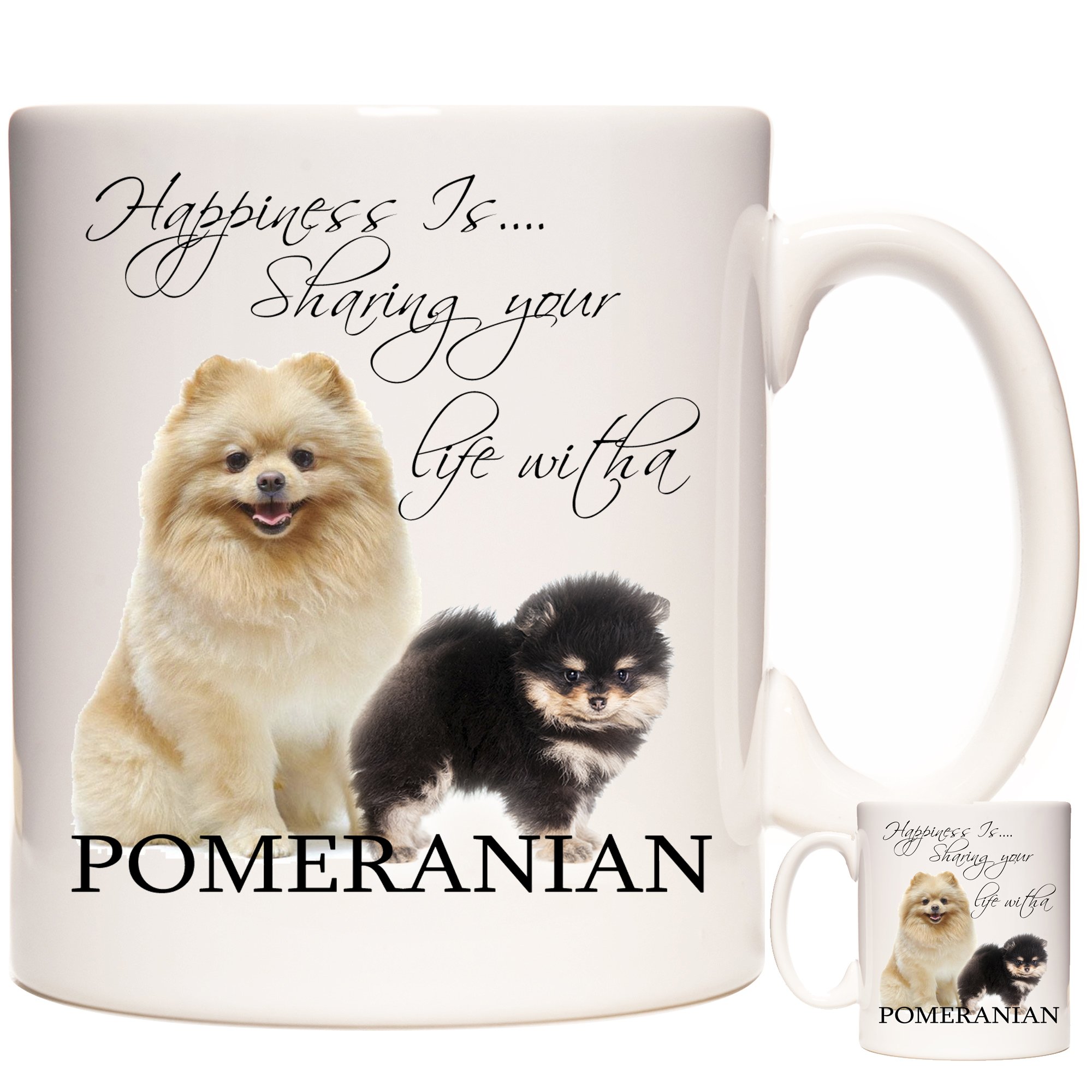 Kazmugz Pomeranian Mug, Happiness Is Sharing Your Life With A Pomeranian Dog. Gift Mug For Birthdays, Easter, Christmas Or Any Other Celebration. Can Be Personalised