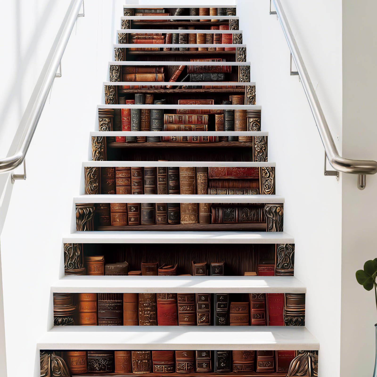 PLIGREAT Vintage Bookshelf Stair Risers Decals, 15 Pack Peel and Stick Staircase Stickers Self-Adhesive Creative Art Staircase Murals for Steps DIY Home Hotel Stair Makeover Decor, 18x100cm