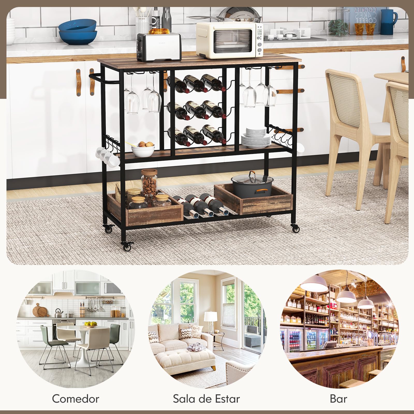 GOPLUS Carro de Servicio para el Hogar, Carrito de Bar para Bebidas con Estantes para Vidrio, Soportes para Vino, Ganchos y Bandeja de Almacenaje, Ruedas Bloqueables, de 3 Niveles para Cocina, Comedor