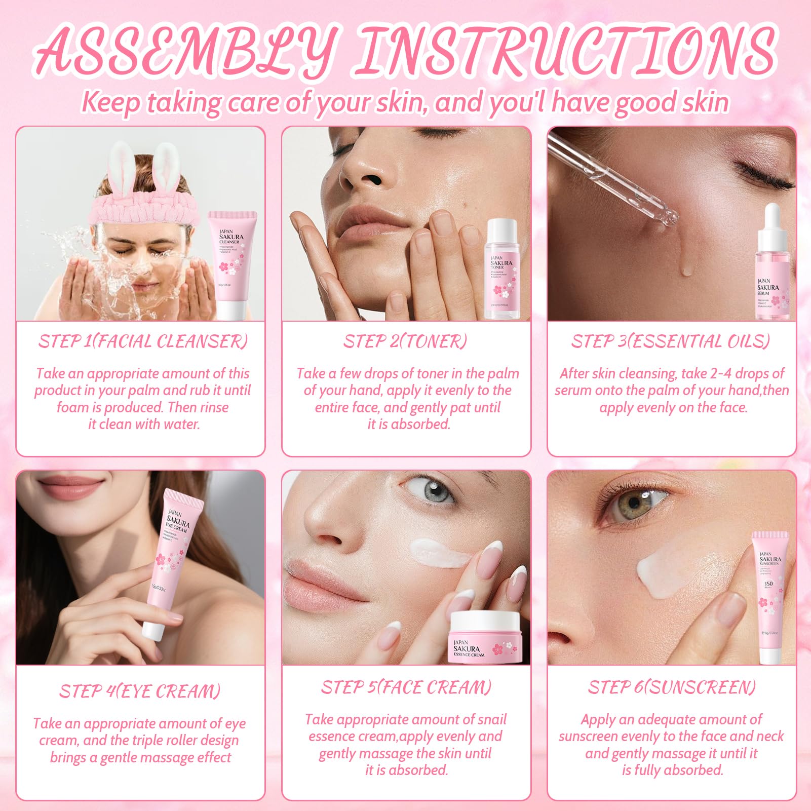 29 Pezzi Kit per la Cura della Pelle Sakura, include Detergente, Tonico, Crema Viso, Maschera, Siero e Crema per Gli Occhi, Mini Size da Viaggio Prodotti Skincare per Ragazze e Donne