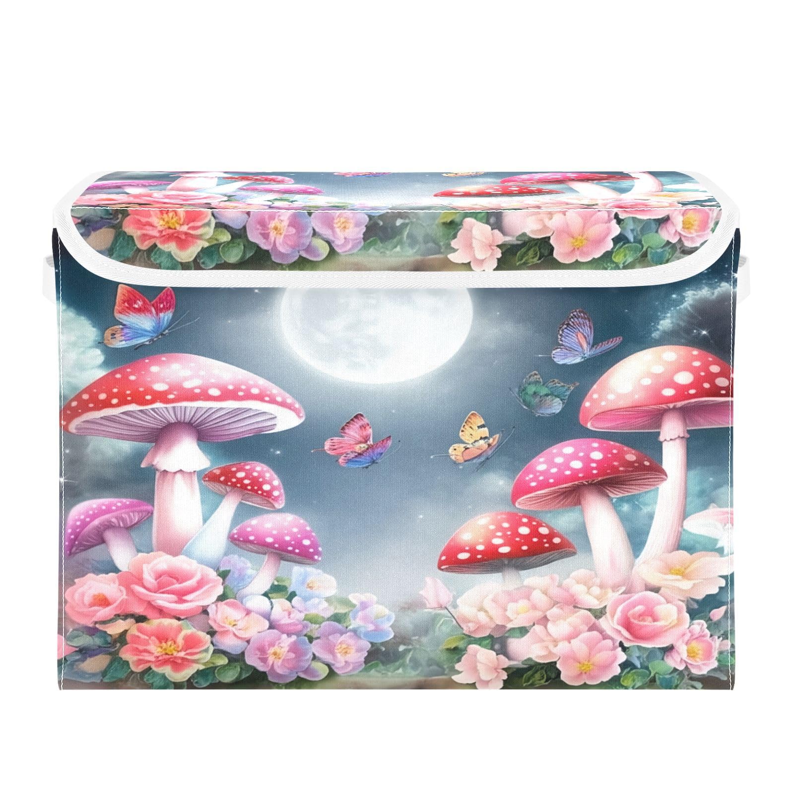 Ewusp Mushroom Fabric Storage Bin with Lid, Decorative Foldable Storage Basket with Handles, Stackable Closet Shelf Organiser Box for Clothes, Books, Bedroom, Living Room