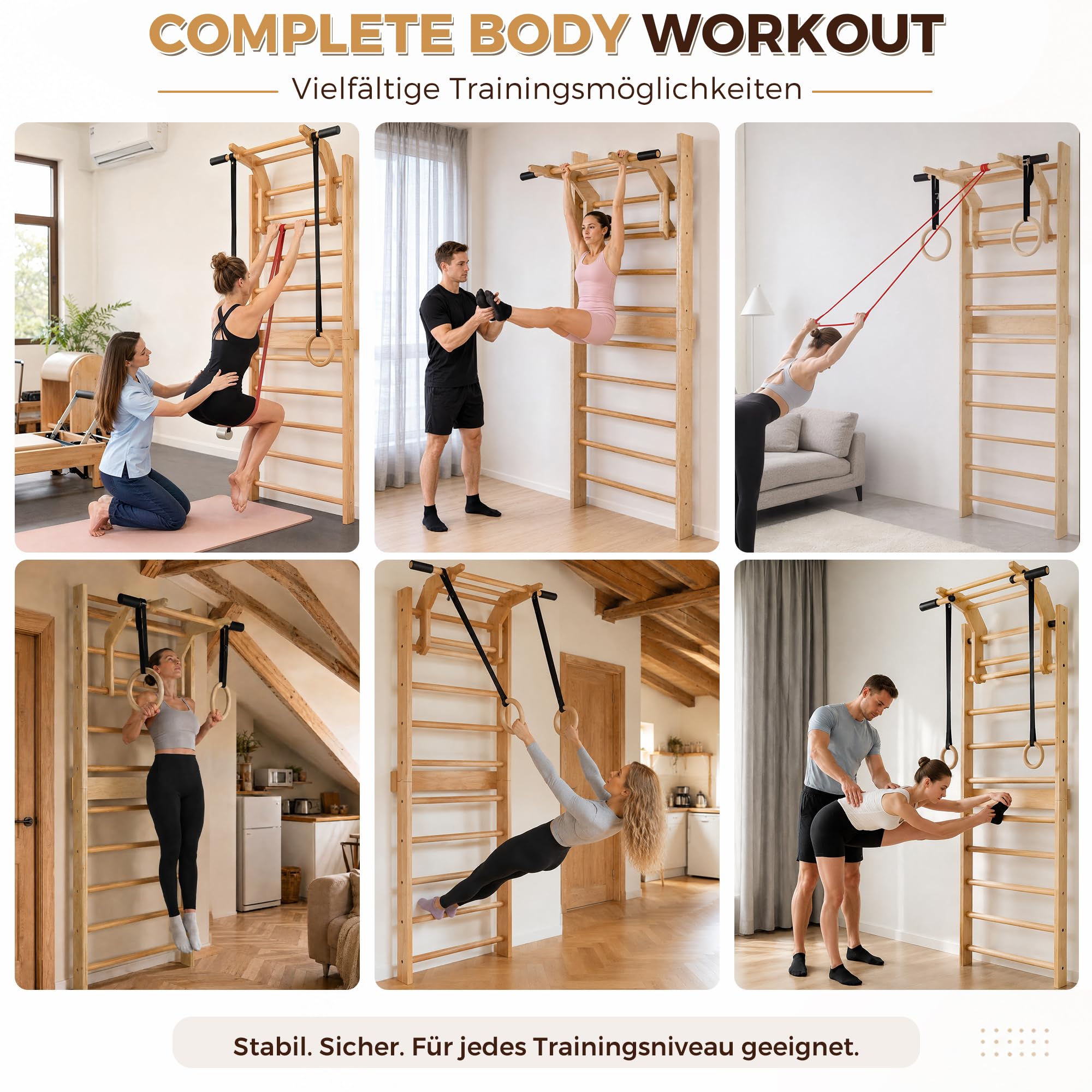 4 IN 1 Sprossenwand mit Klimmzugstange & Dip Extension, 150kg Wandmontage Schwedenleiter mit 4EVA-Griffbezüge & Widerstandsbänder & Gymnastikringe, Holz-Kletterwand Sprossenwand für Erwachsene, Kinder