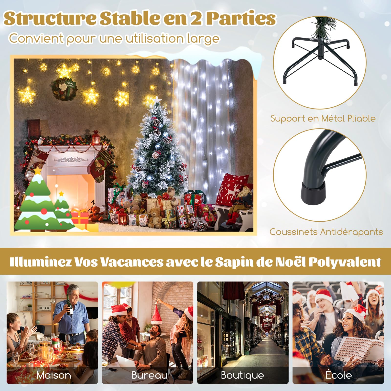 COSTWAY Sapin de Noël Floqué 150 cm, Sapin de Noël Artificiel Lumineux LED, 170 Pointes de Branches, 18 Grappes de Baies Rouges, 18 Pommes de Pin Naturelles, 49 Lumières LED, 8 Modes d'Eclairage