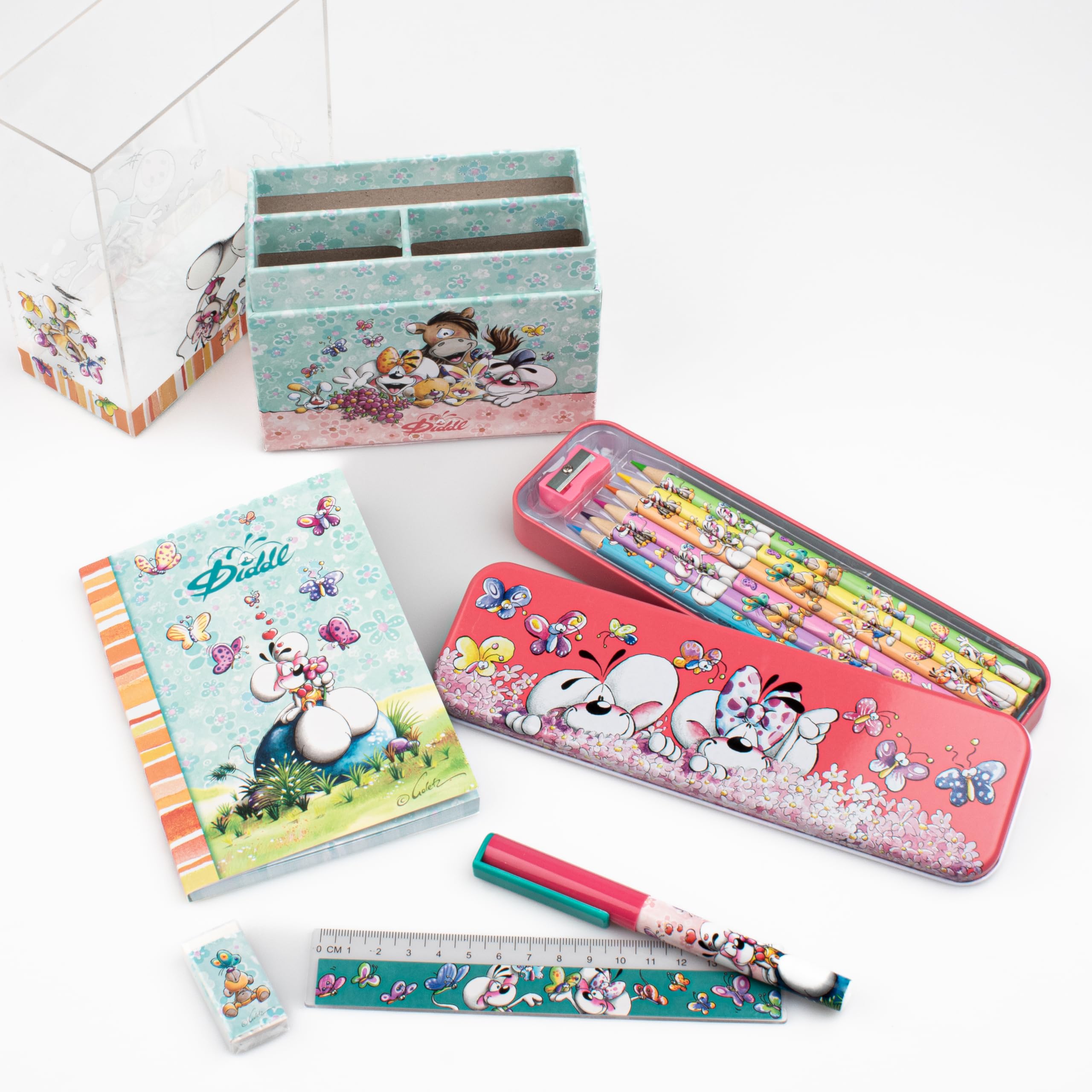 Diddl Schreibset A6, Notizbuch, Kugelschreiber, Lineal, Radiergummi, Federmäppchen mit 6 Buntstiften, Anspitzer und Büro-Organizer, Schreibwarenset – Geschenkidee für Kinder und Fans Nostalgie der