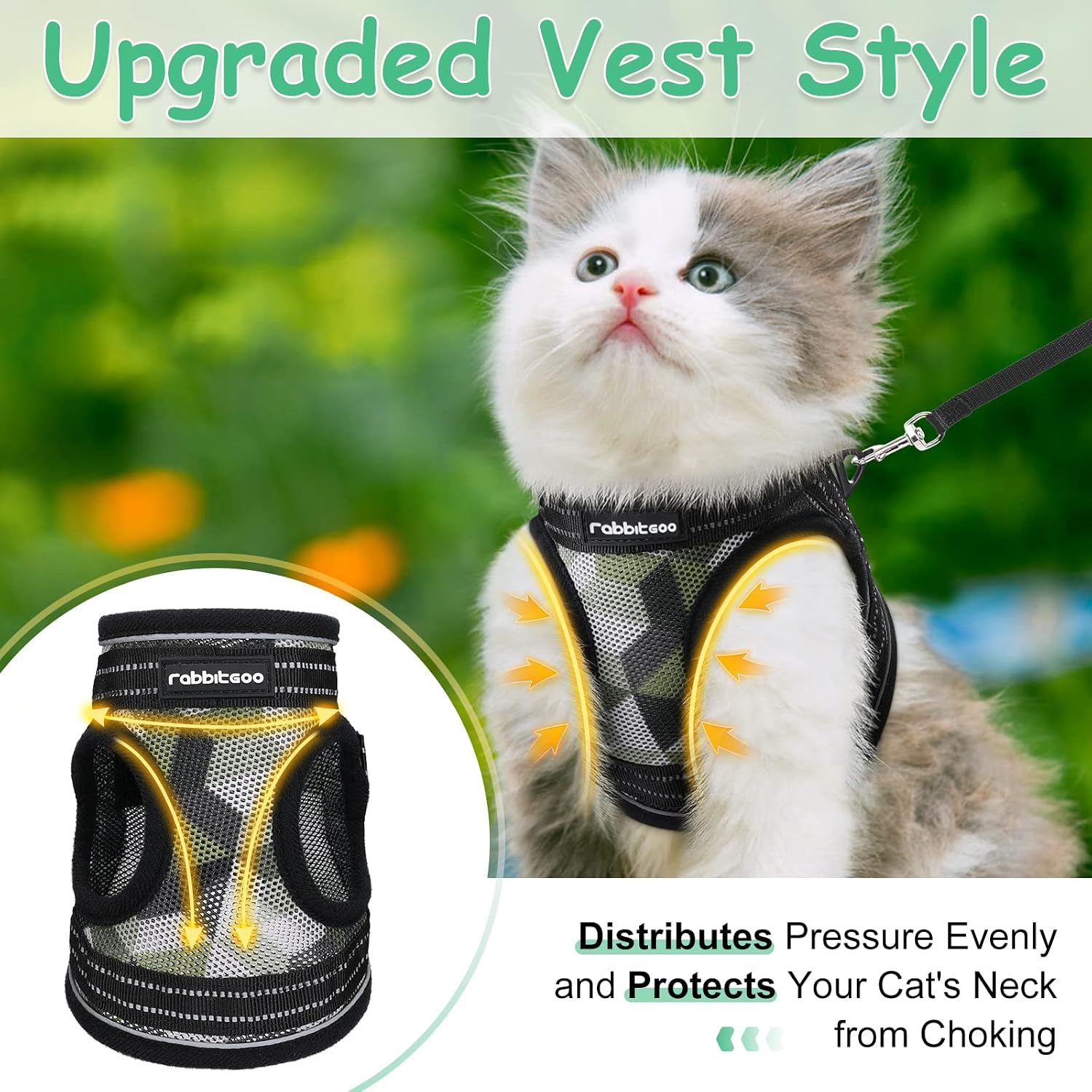 rabbitgoo Kitten Harness and Leash Set, Escape Proof Cat Walking Vest for Small Cats, Adjustable Easy Control Outdoor Harness, Breathable Pet Jacket with Reflective Strips, Geometric Pattern
