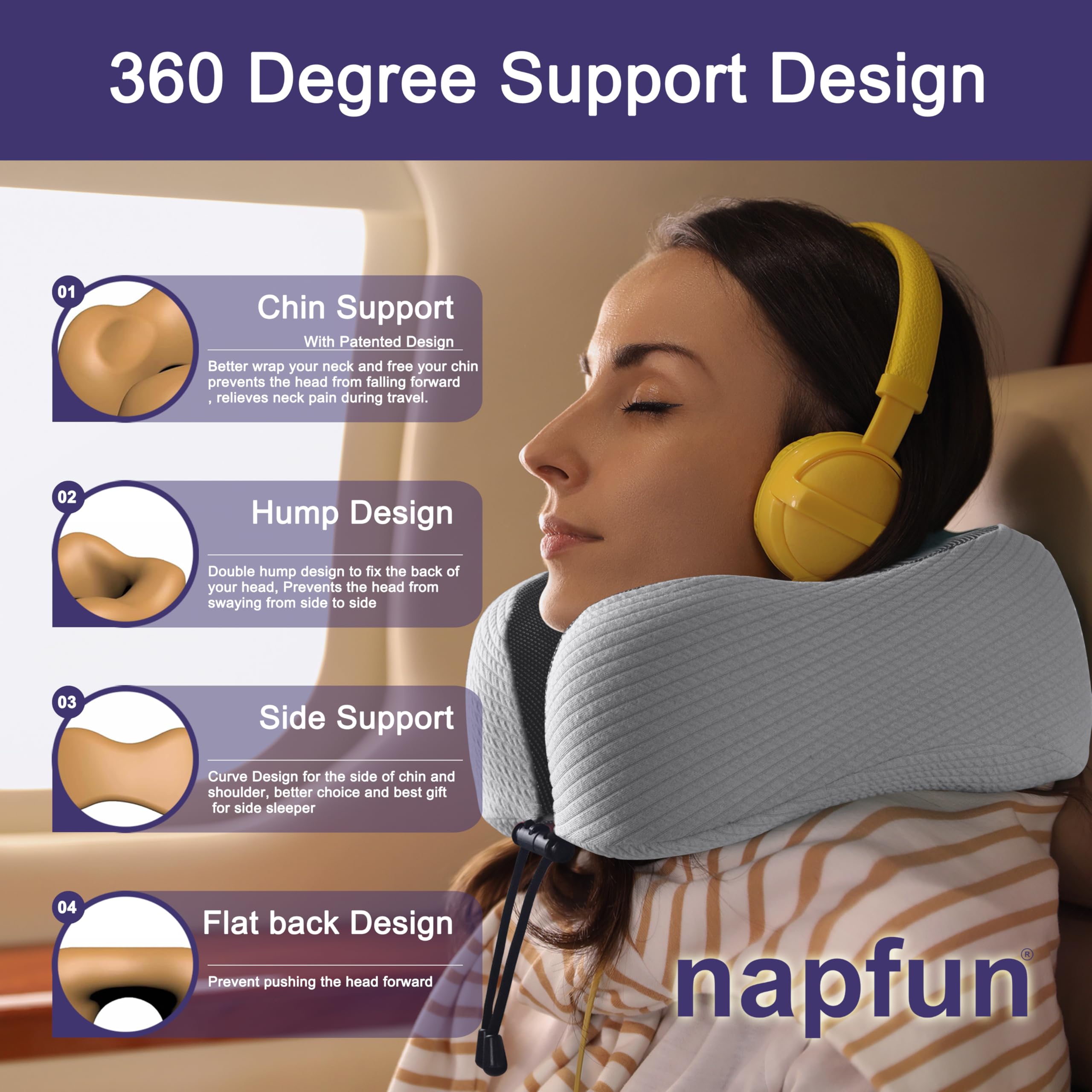 napfun Neck Pillow for Travel, Memory Foam Airplane Pillow, Mist Gray view 3