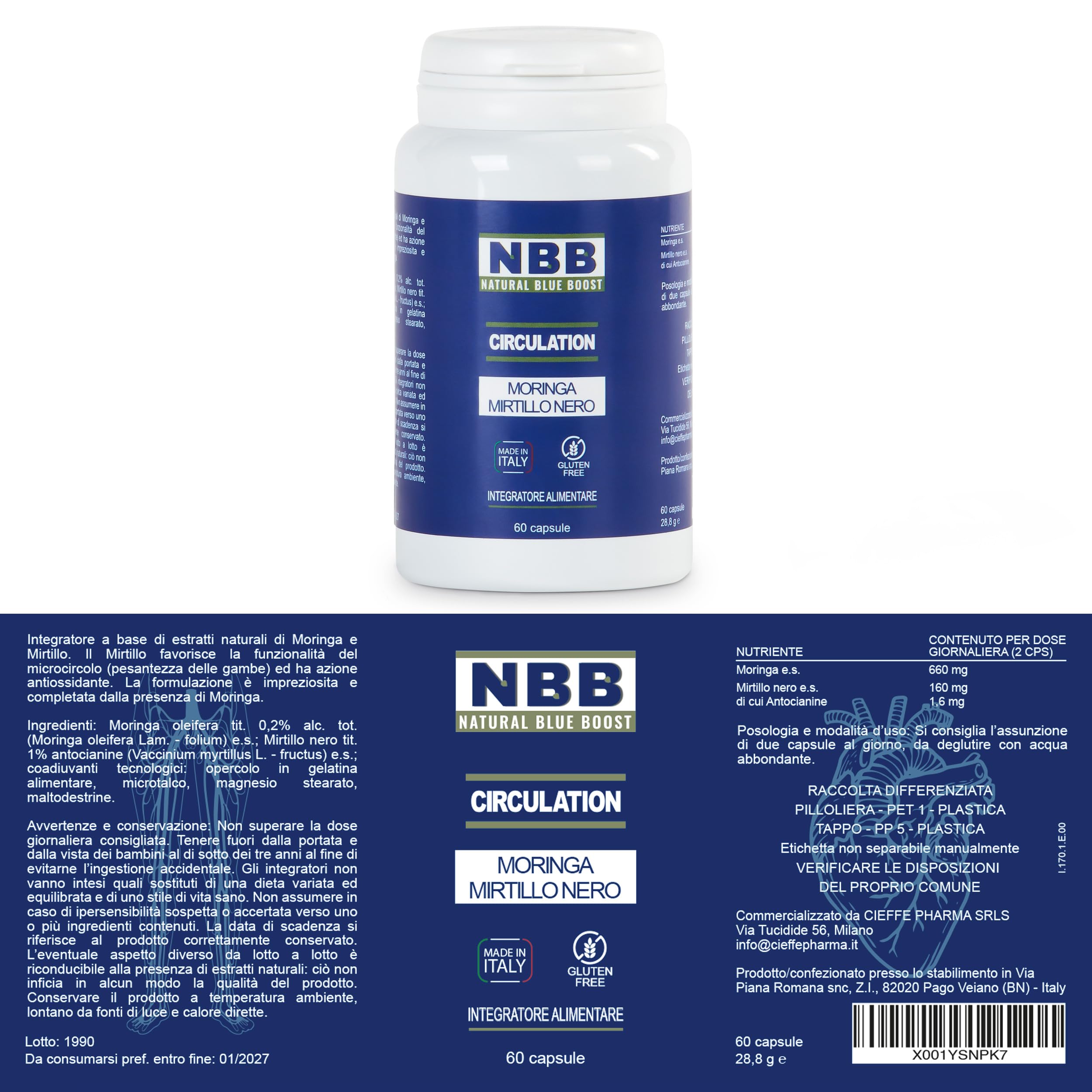 NBB Moringa & Mirtillo - 60 Capsule - Potente Antiossidante Antinfiammatorio, Supporto Cardiovascolare Naturale - Integratore per Gambe Leggere Microcircolazione, Salute Visiva - 1 Mese di Trattamento
