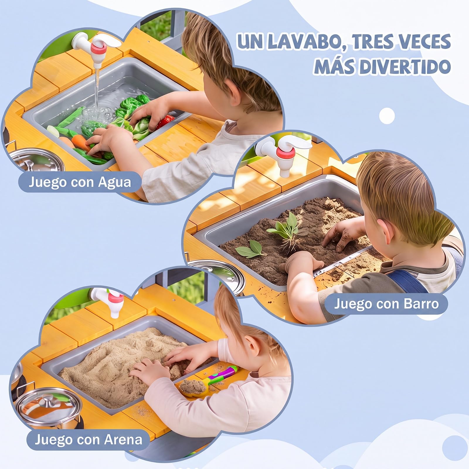 COSTWAY Cocina de Barro Exterior para Niños, Cocinita de Madera Infantil | con Jardinería, Estantes, Pizarras, Fregadero, Depósito de Agua, Macetas, Sartén, Juego de Rol para 3+ Años
