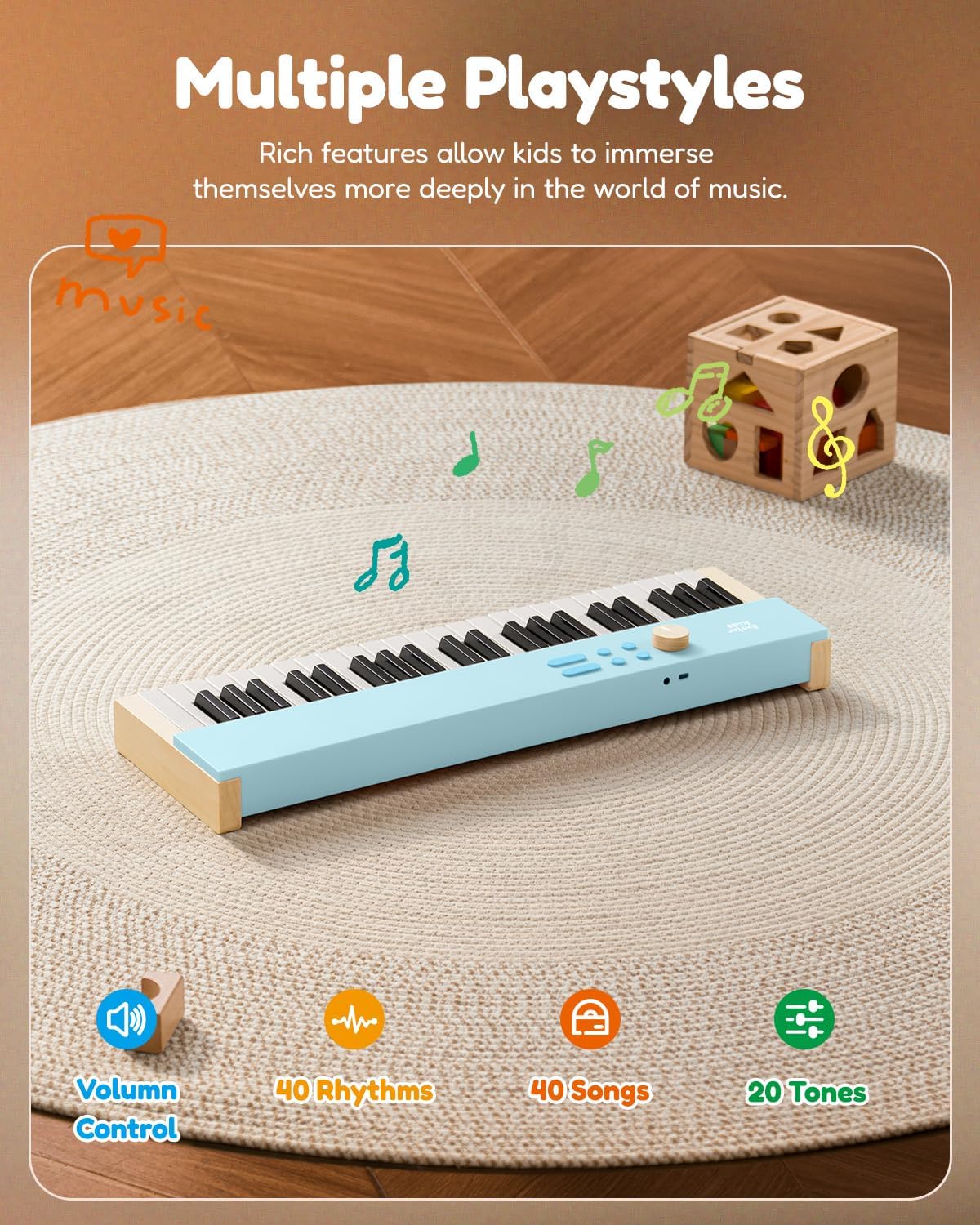 Kids Piano Keyboard, 44 Keys Digital Piano for Kids, Music Educational Instrument for Beginner, Mini Wood Keyboard Piano for Toddler, Light Blue