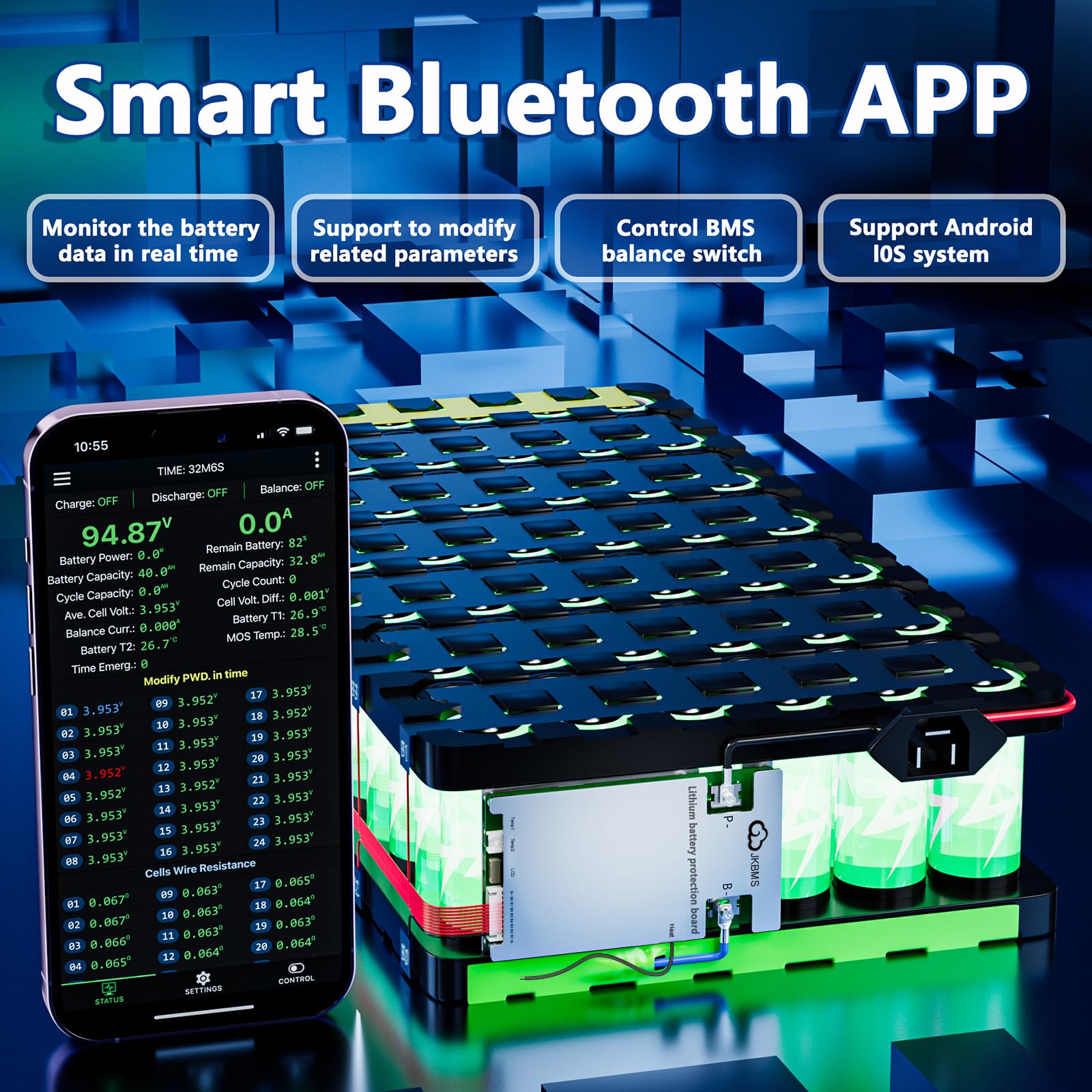 JKBMS Smart BMS 3S-8S 100A do akumulatora LiFePO4 litowo-jonowego LTO, 1 A Active Balancer, Bluetooth, ogrzewanie, CAN, RS485, funkcja równoległa i alarm (JK-B1A8S10P-HCRPB)