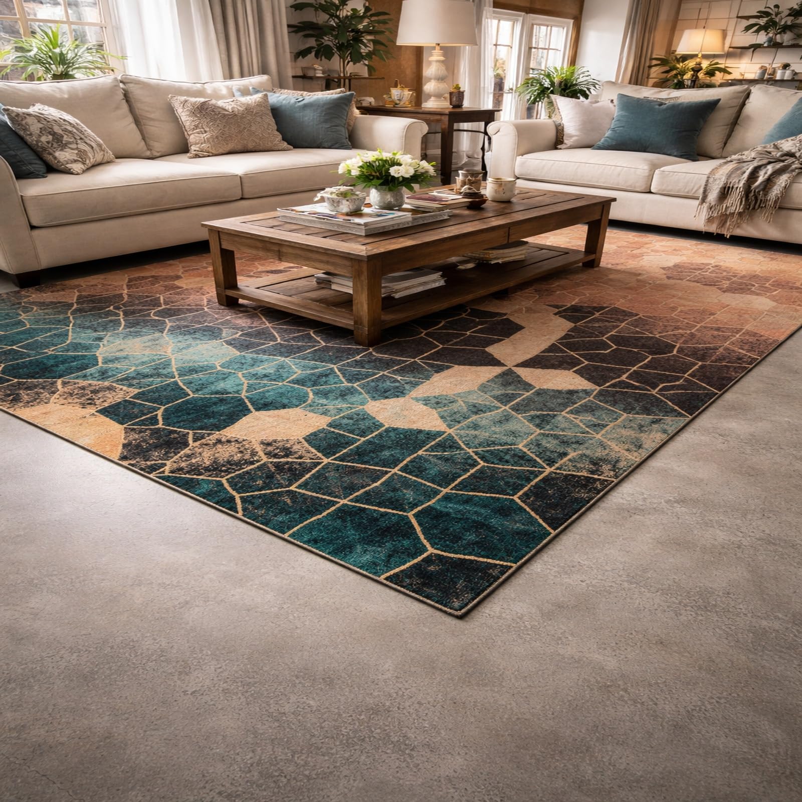 Tapis rectangle salon 120x160cm orange géométrique moderne