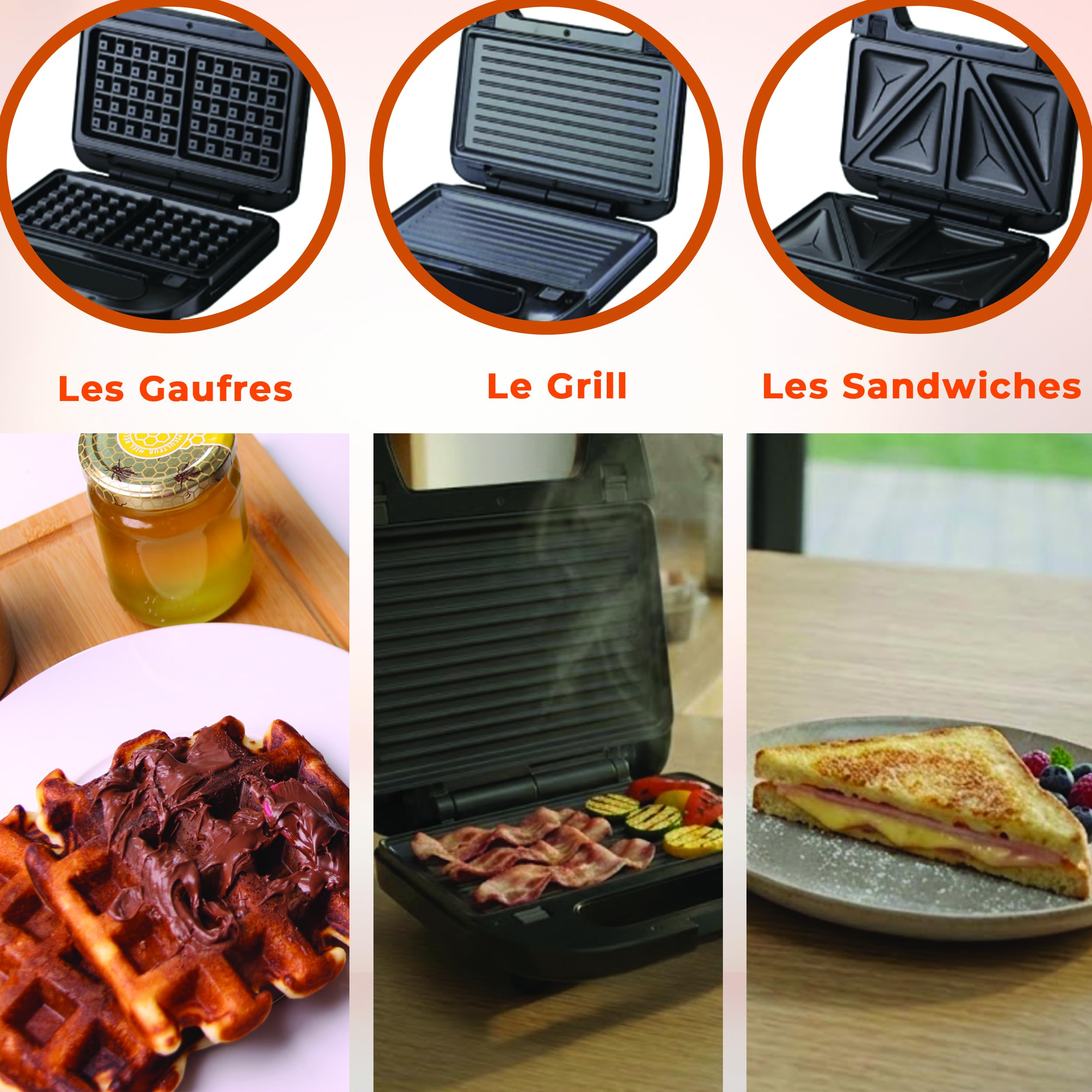 LITTLE BALANCE 3039 Waffle & Snack, Gaufrier 3 en 1, Gaufre, Croque Monsieur, Paninis, Sandwich, 3 plaques interchangeables, Sans PFAS, Compact, Rangement vertical, 750 W, Noir