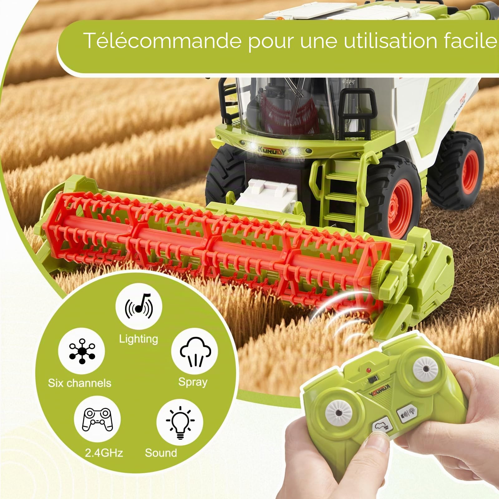 Tracteur Telecommandé Enfant, Moissonneuse-Batteuse Télécommandée avec Lumière et du Son, 2,4 GHz, 1:24, Tracteur Moissonneuse de Ferme, Cadeaux de Fête Maishäcksler pour Enfants 3 4 5 6 Ans