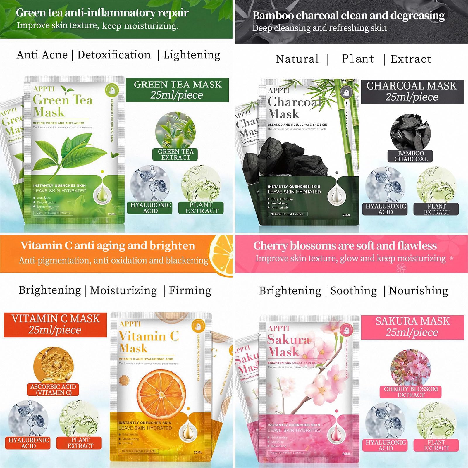 Somnr 12 PCS Sheet Face Mask Set, Natural Plant Extracts, Hydrating, Brightening, Anti-aging, Brightening - Image 3